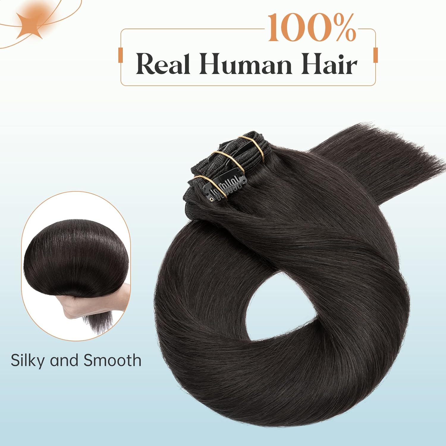 Elailite Clip in Human Hair Extensions, 125g 16 Inch 7pcs #1B Natural Black 100 Real Human Hair, Double Weft Handmade Soft Natural Straight Brazilian Virgin Remy Human Hair for Women