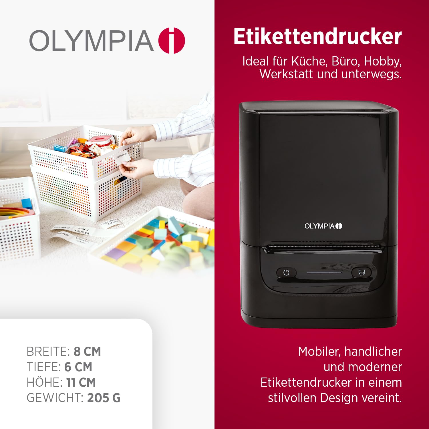 Olympia Etikettendrucker PM220 Schwarz | Bluetooth Etikettendrucker Selbstklebend für Zuhause und Unterwegs | Tragbarer Thermotransferdrucker für Wasserfeste Etiketten | Mobiler QR Code Label Printer