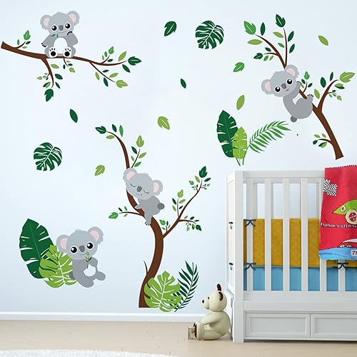 Runtoo Koala - Calcomanías de pared de hojas de palmera de animales, calcomanías de pared para dormitorio de niñas, guardería, decoración de pared