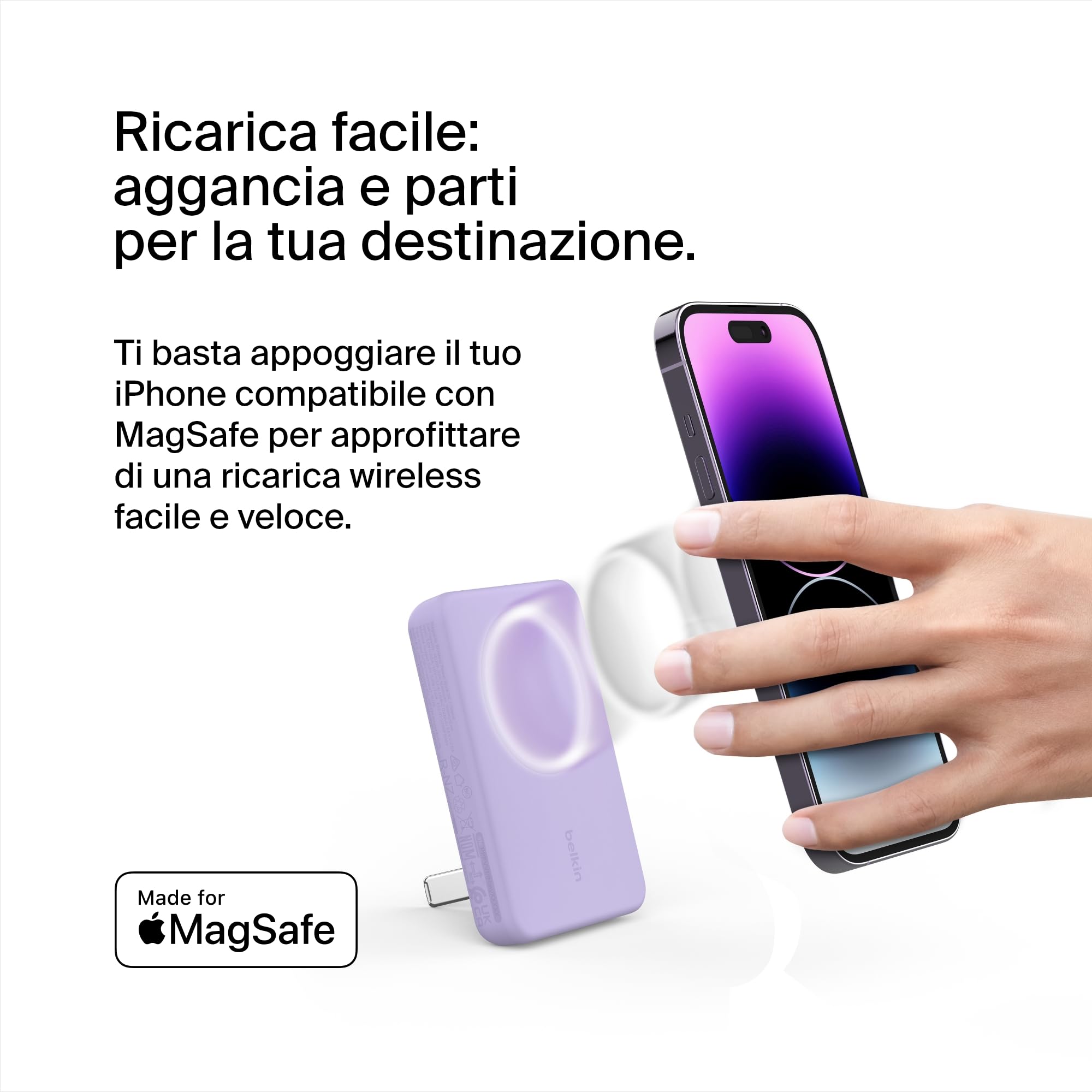 Belkin Batteria esterna wireless magnetica da 5000 mAh, caricabatteria portatile con MagSafe, ricarica passante, uscita da 7,5 W, ingresso da 10 W, supporto estraibile, iPhone 17/16/15/14/13, Viola