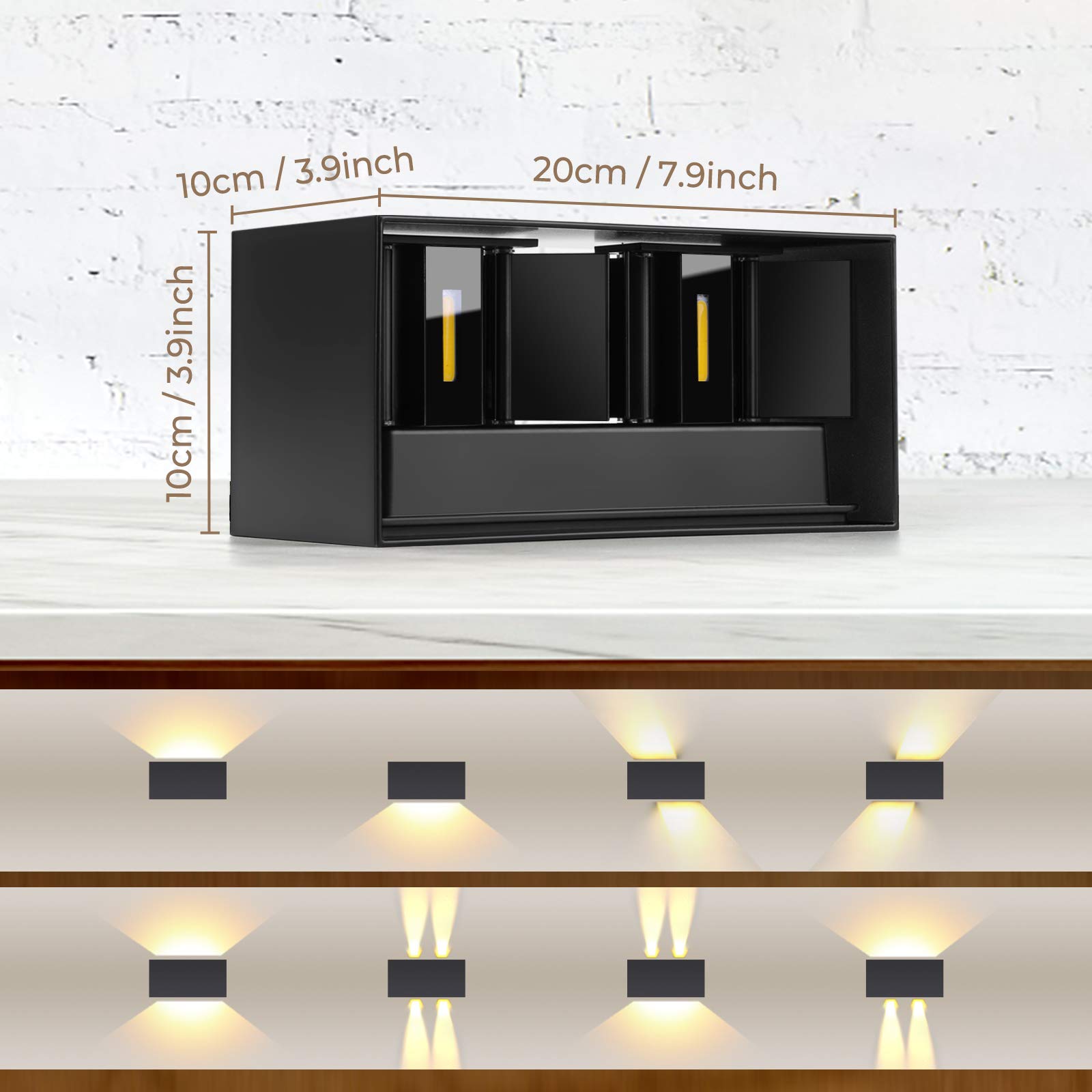 ENCOFT 24W Applique Esterno Interno COB LED, Lampada da Parete IP65 Impermeabile, Luce Bianco Caldo 3000K, in Alluminio Angolo Regolabile, Nero