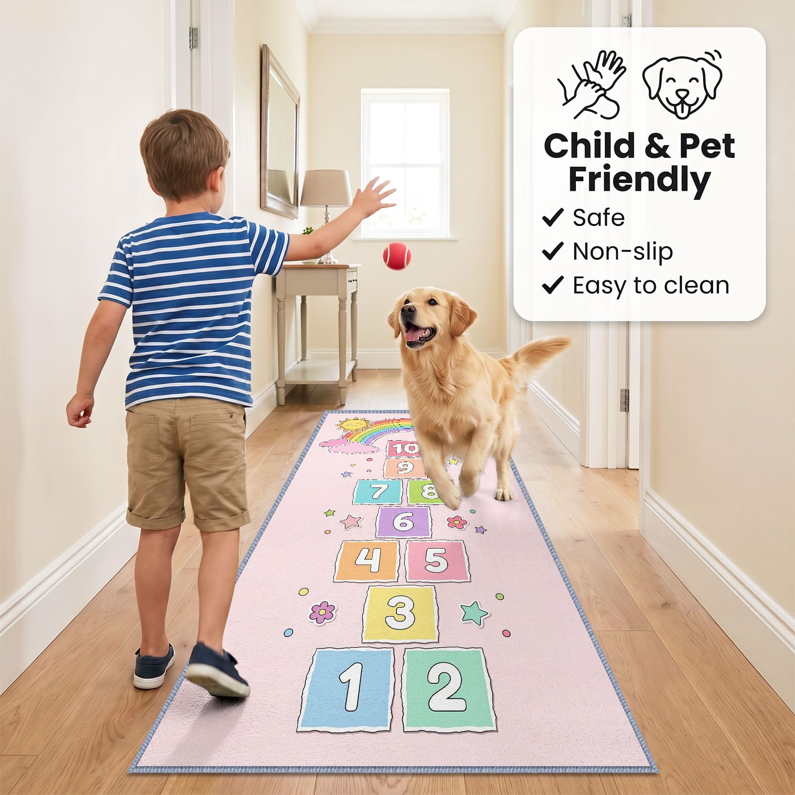 Waschbarer Läufer Teppich Flur 90 x 180 cm, rutschfes Kinder Spiele Handgezeichnet Lang Küchenläufer - Himmel Und Hölle Zahlen Blöcke Regenbogen Langer Teppichläufer für Wohnzimmer Schlafzimmer