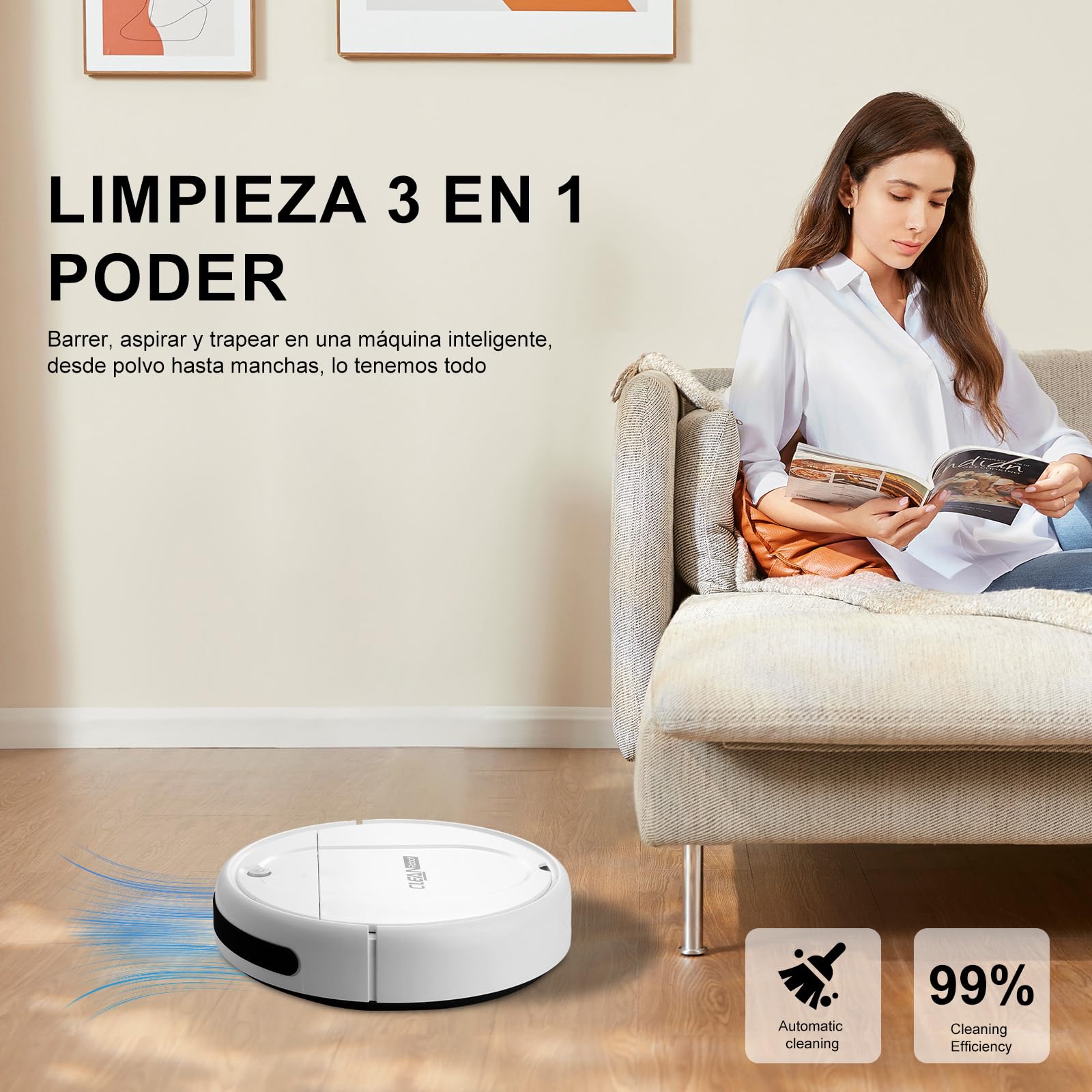 Robot Aspirador Universal e Inteligente, Recargable para una Limpieza Completa en Suelos Duros y Alfombras Ultradelgadas con Pelo de Mascota.