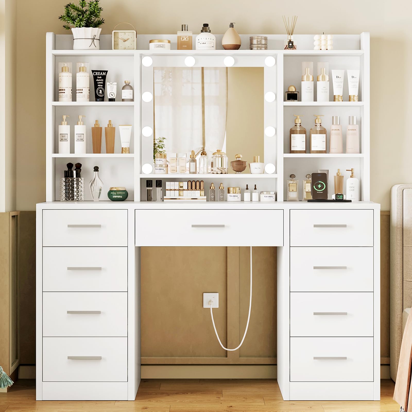 vanity desk with mirror and lights, power outlet, makeup vanity with 9 drawers & 6 open storage shelves, 3 lighting modes brightness adjustable, white