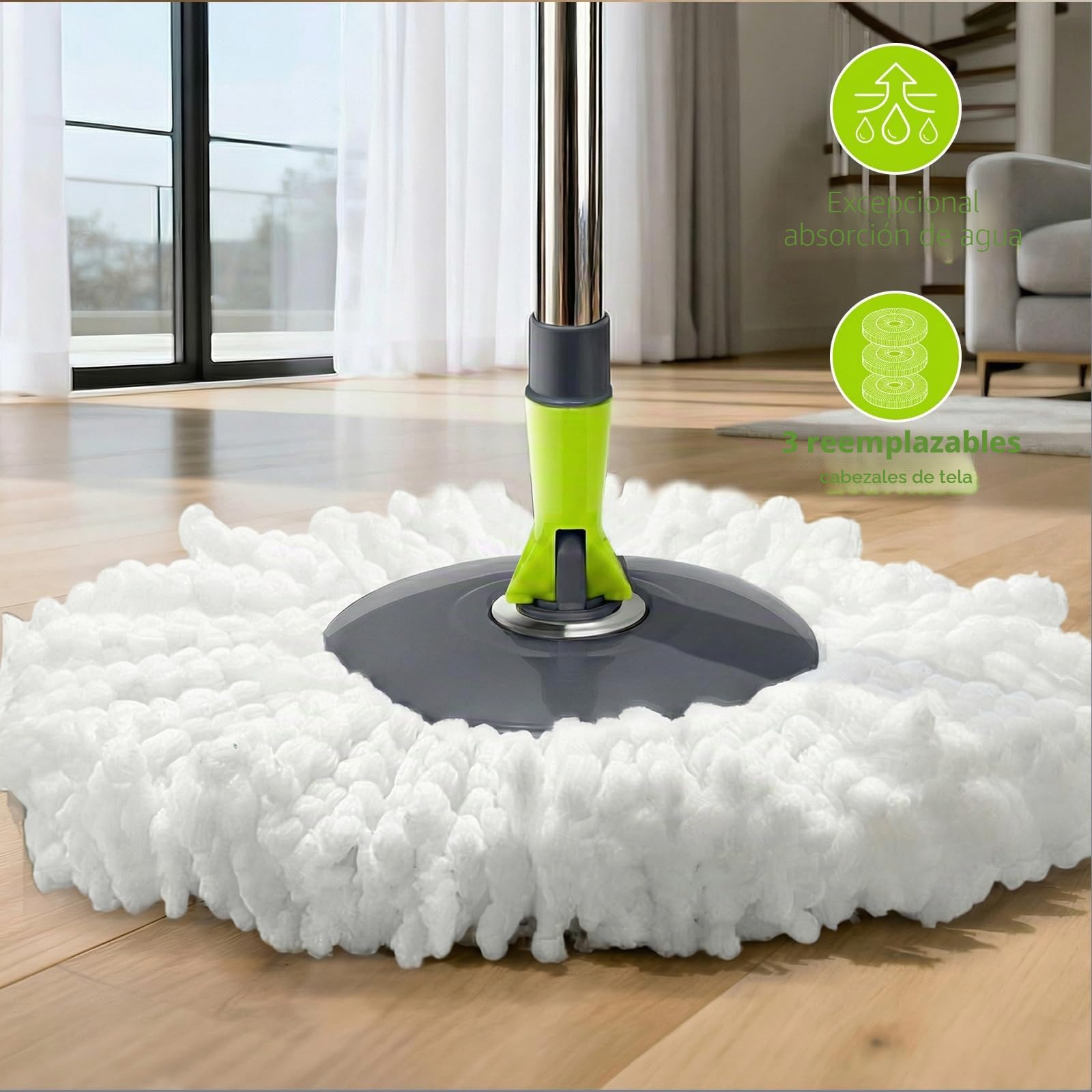 Masthome Juego de Fregona y Cubo,Sistema de Cubo de Fregona Giratoria,con 3 Almohadillas de fregona,2 en 1 Fregonas y Cubos Escurrefacil con Pedal,Adecuado para el hogar o la Oficina