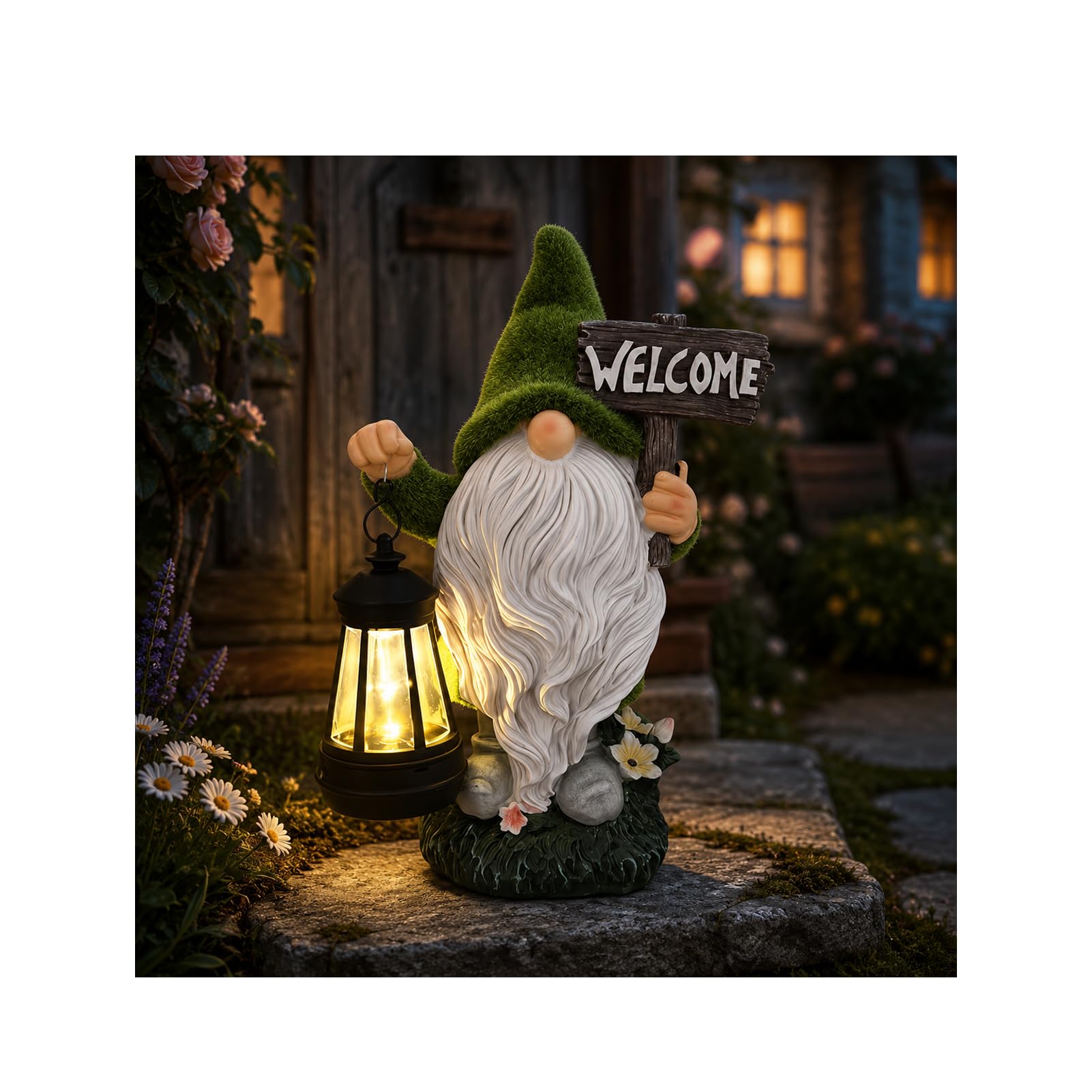 JJIW Garden Gnomes Ornaments, Resin Flocked Gnome Statue with Solar Lights
