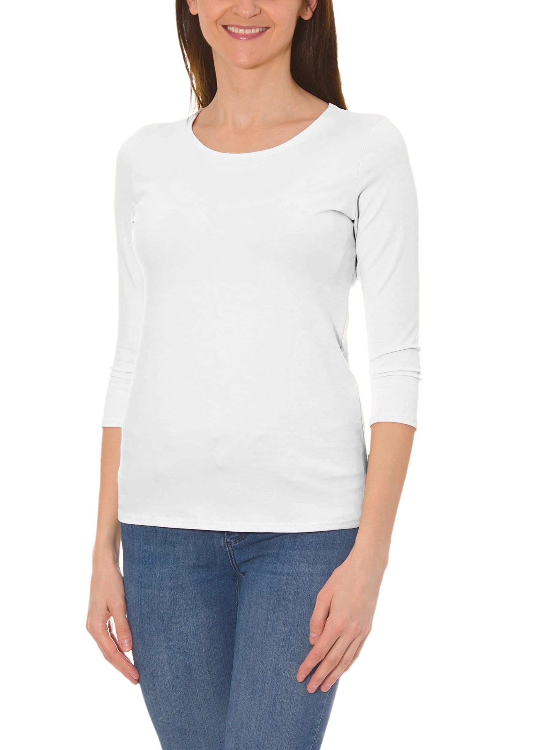 Alkato Women's 3/4 Sleeve Shirt with Round Neck, White, M