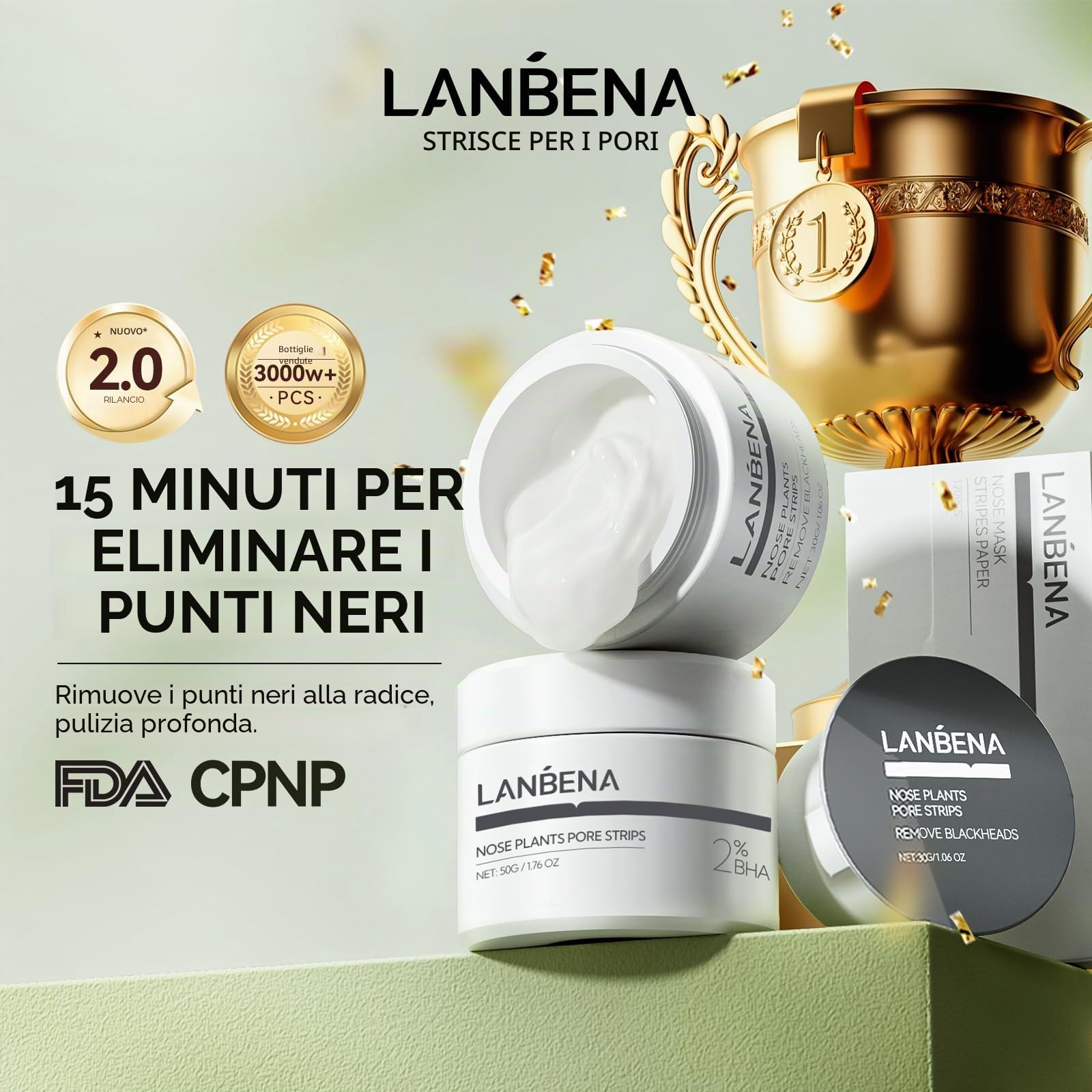 LANBENA punti neri rimozione (50 g), 100 strisce nasali, maschera punti neri, NOTA: La crema diventa gommosa al di sotto dei 25°C, mettere la bottiglia in acqua bollente per ammorbidirla