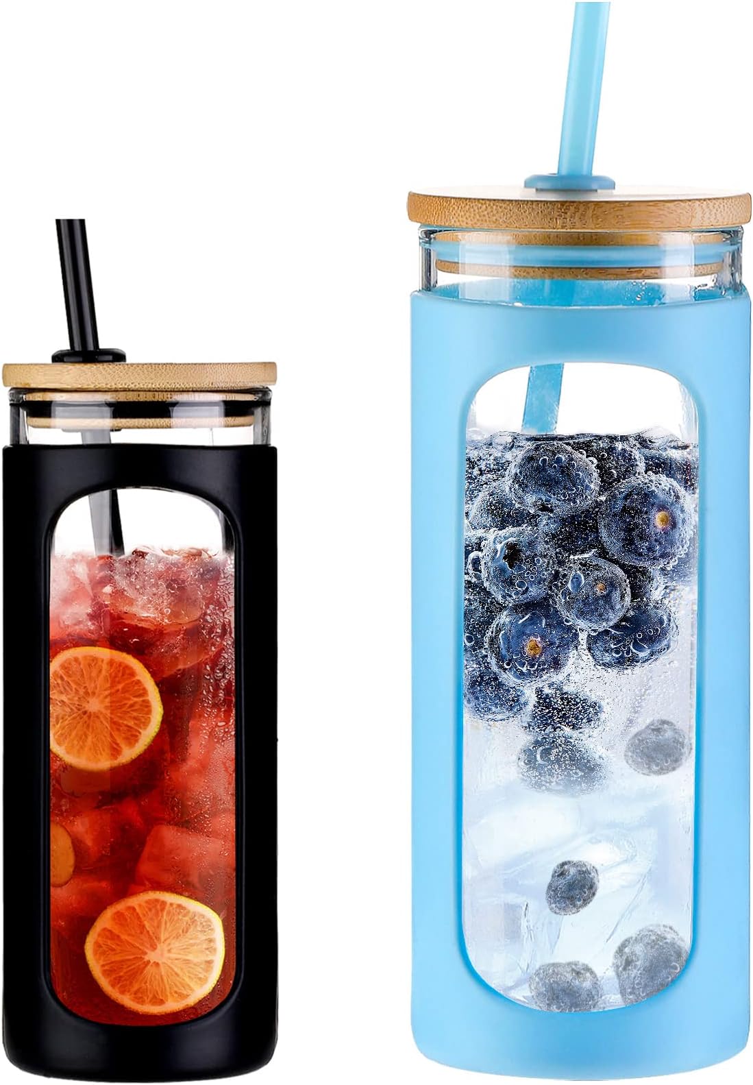 Kodrine Glass Tumbler with Straw and Lid, 20oz Glass Coffee Tumbler with Bamboo Lid, Iced Coffee Cup Silicone Protective Sleeve BPA Free- Black & Light Blue