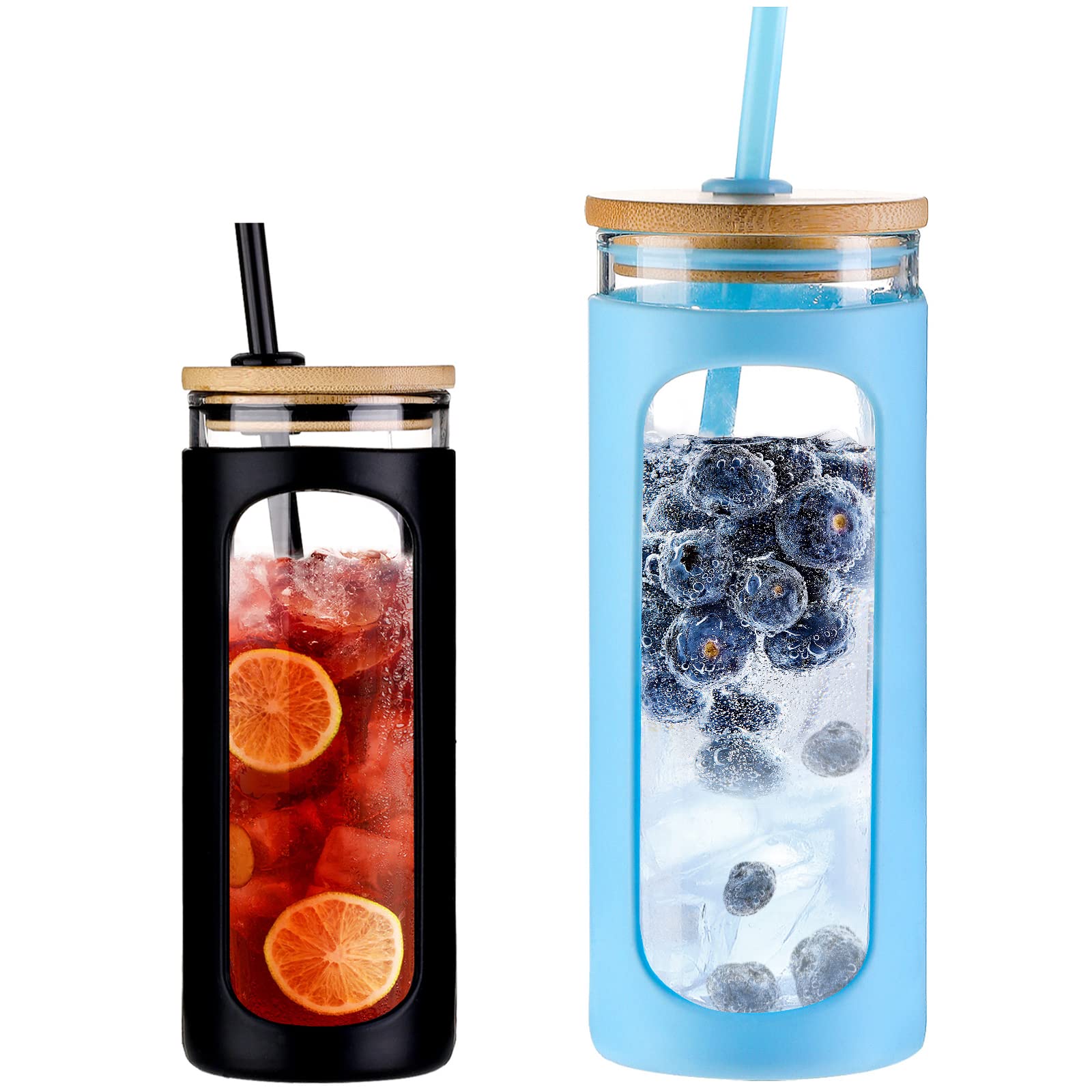 KodrineGlass Tumbler with Straw and Lid, 20oz Glass Coffee Tumbler with Bamboo Lid, Iced Coffee Cup Silicone Protective Sleeve BPA Free- Black & Light Blue