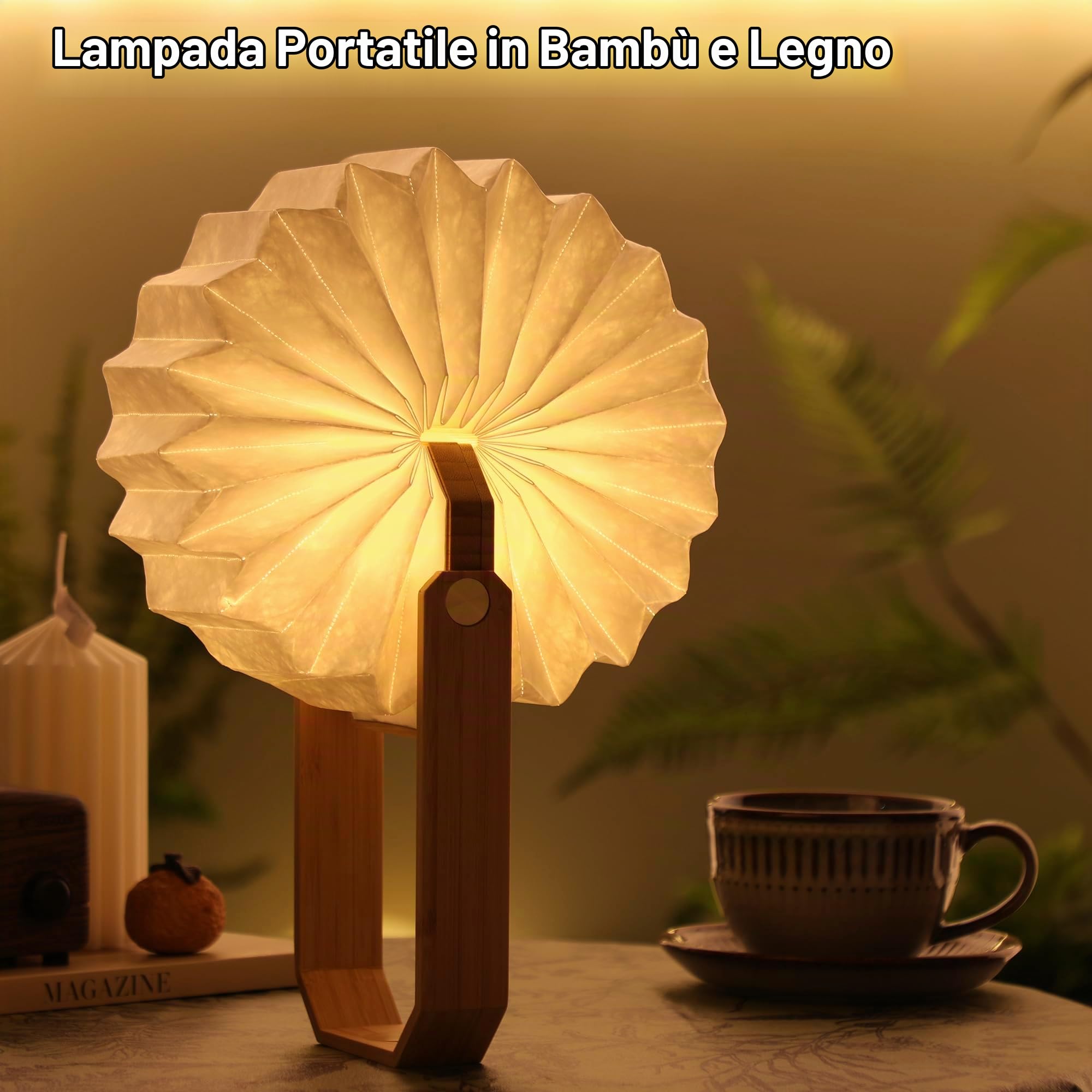 Lampada da Tavolo in Legno con Manico, Lampada a Lanterna Giapponese, Luce Ambientale, Lampada d'Atmosfera, Lampada a LED Ricaricabile per Casa & Esterno & Feste & Regalo (Bambù)