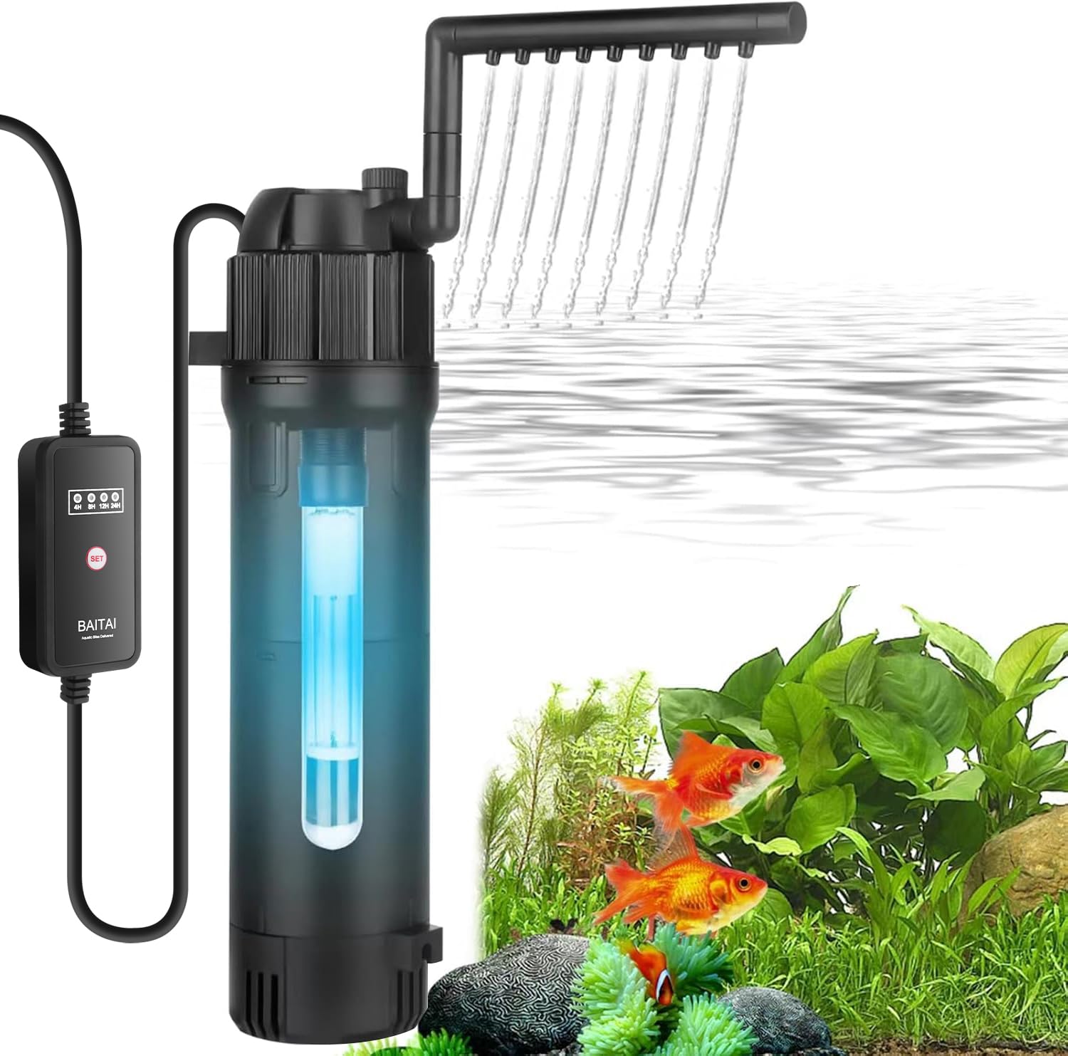 BAITAI Internal Fish Tank Filter, Aquarium Filter with UV Steriliser & Timer, Turns Green Water to Clear, Multi-Mode Filter Pump for 80-200L Aquariums, Flow Rate & Direction Adjustable