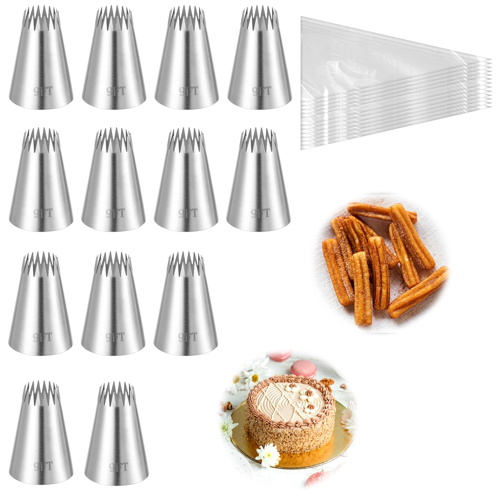ElevateTech 13 Pcs Piping Tip Set, Stainless Steel Piping Kit Tips Cake Decorating Supplies Cookie Decorating Tools Frosting Cake Frosting Filled Cakes Donuts Puffs Gift