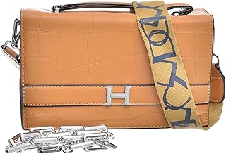 شنطة يد متوسطة الحجم من الجلد الصناعي بتصميم عصري مقسم الى جزأين داخليا مع ثلاثة احزمة طويلة وسوستة مختلفة للنساء - فضي بندقي