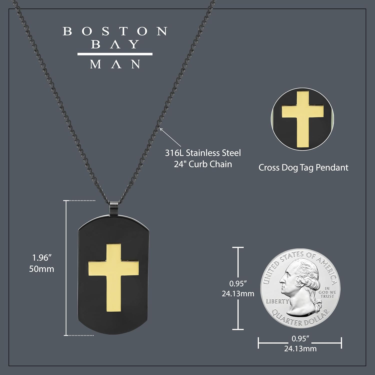 Boston Bay Diamonds Men's Cross Dog Tag Pendant in Yellow & Black Ion-Plated 316L Stainless Steel on 24" Black Curb Chain - Image 3