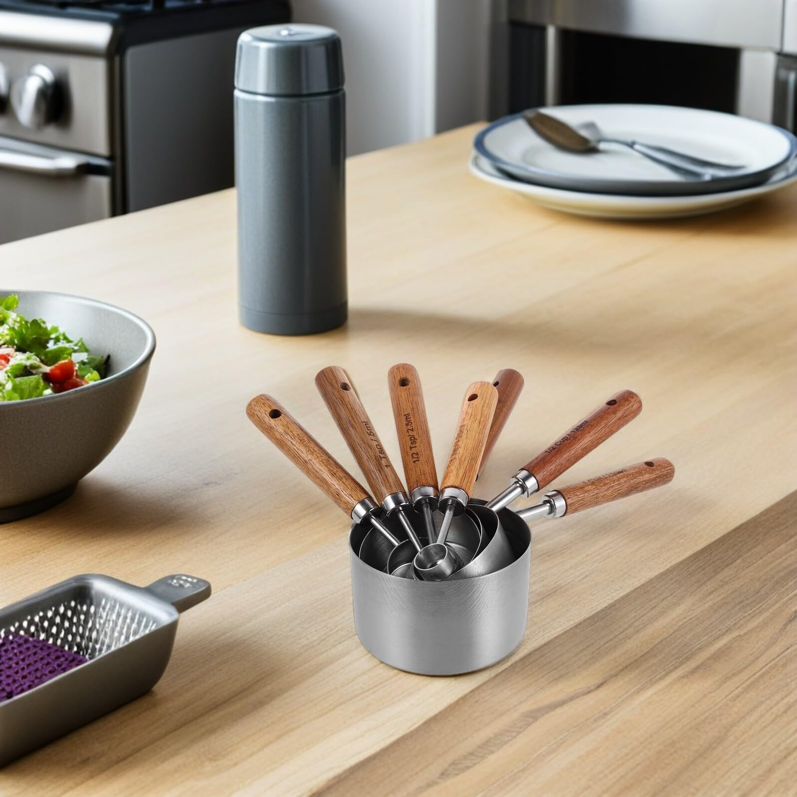 Artibetter Cuillères et Tasses à Mesurer Poignée en Bois Antidérapante Ensemble de 8 en Acier Inoxydable pour Professionnels Cuisine et Pâtisserie