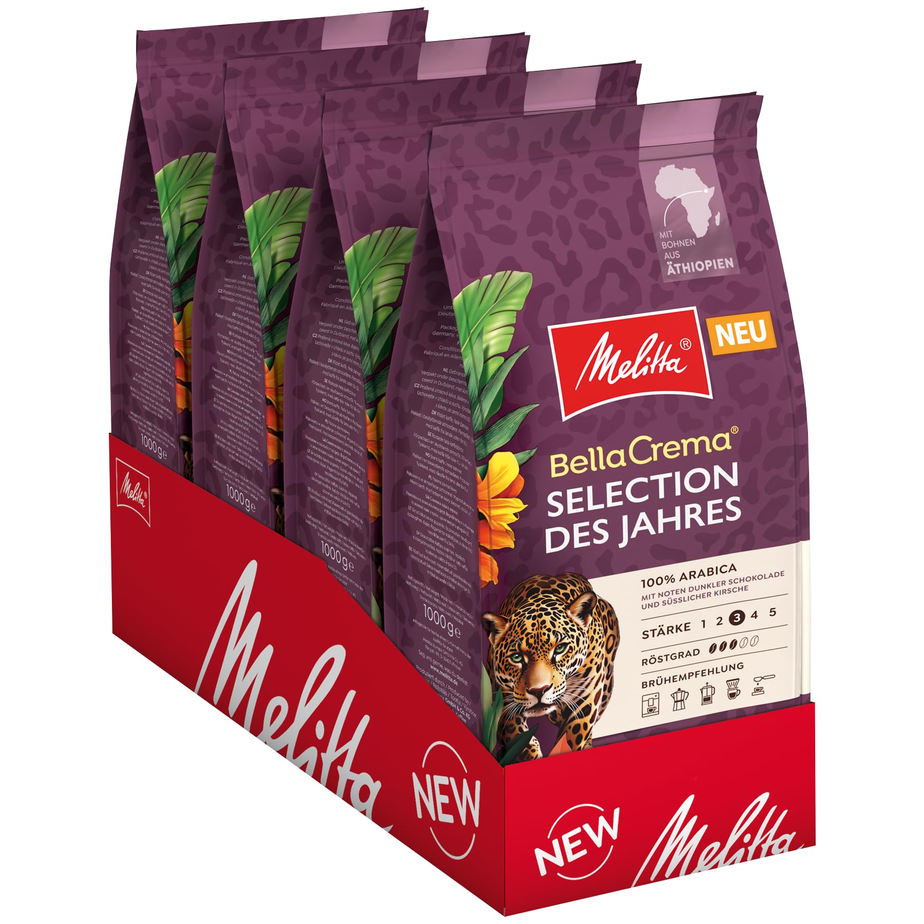 Melitta BellaCrema Selection des Jahres Ganze Kaffee-Bohnen 4 x 1kg, ungemahlen, Kaffeebohnen für Kaffee-Vollautomat, mittlere Röstung, geröstet in Deutschland, Stärke 3, im Tray | 100% Arabica-Bohnen mit Noten von dunkler Schokolade und süßlicher Kirsche