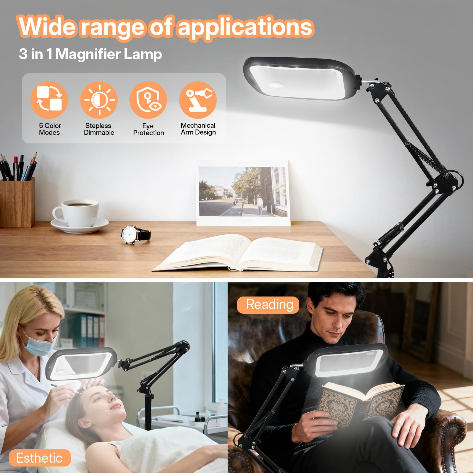 GABORISH 10 lupas de pie 30 X con luz y soporte, lámpara de lupa 3 en 1 con 60 LED, brazo plegable rectangular con abrazadera, 5 modos de color regulable, sin manos, lupa de lectura con luz para
