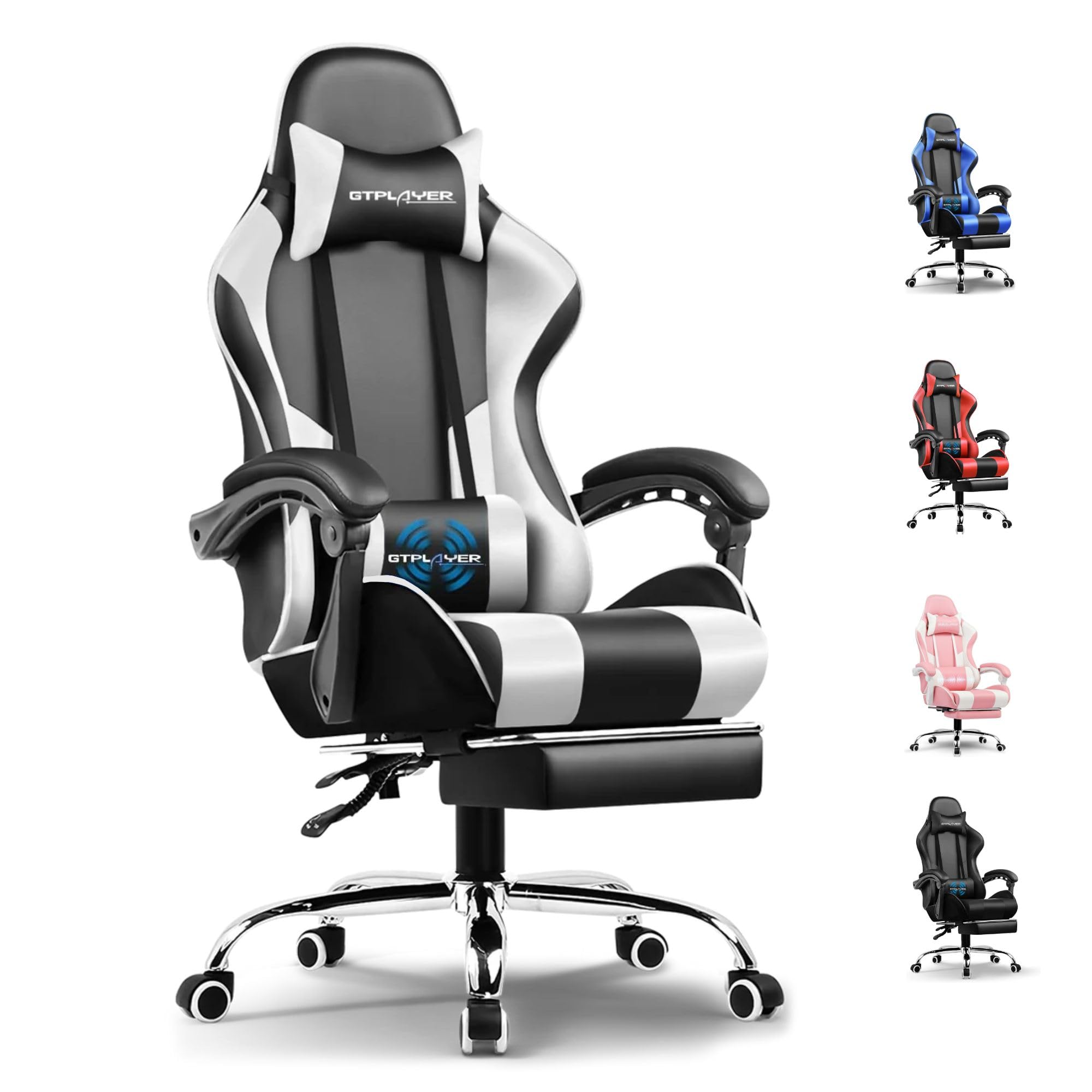 GTPLAYER #1USA Ergonomic Gaming Chair with USB Massage Cushion, Footrest & Armrests ? PU Leather Computer Video Game Desk Chair with Adjustable Lumbar Support & Headrest (GCC, White)