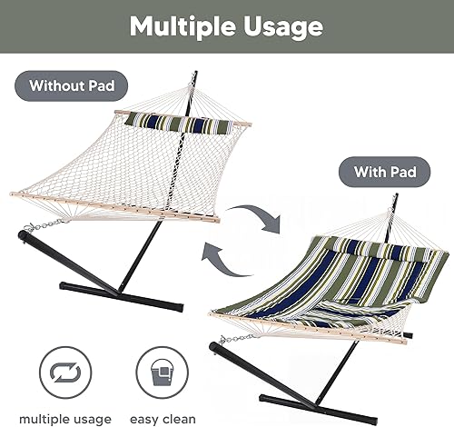 Miniatura 3 de SUNCREAT Hamacas Hamaca doble para exteriores con soporte, hamaca de cuerda de algodón para dos personas con almohadilla de poliéster y almohada