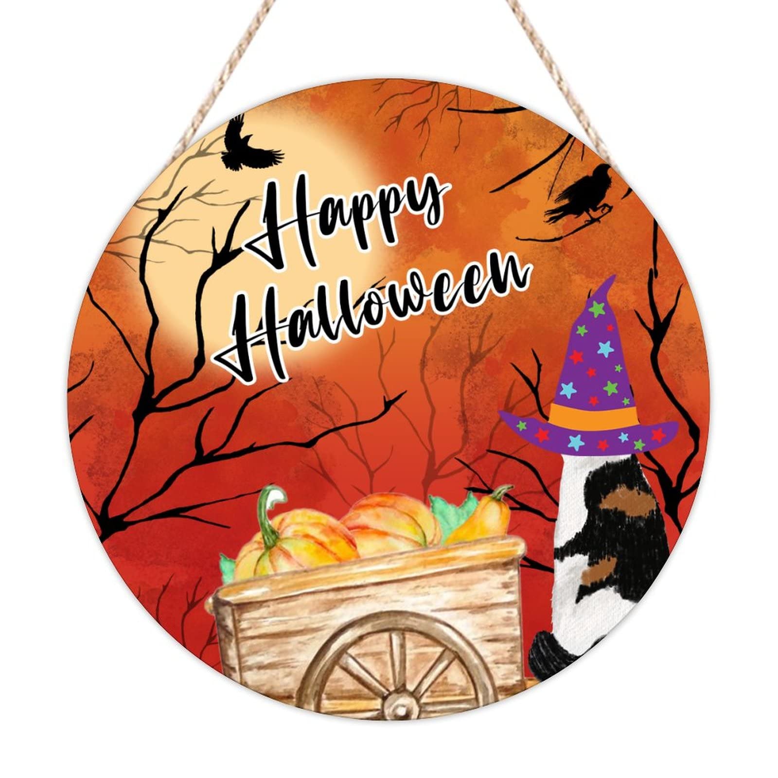 Panneau de bienvenue Happy Halloween en bois avec chat noir et citrouille suspendre 30cm