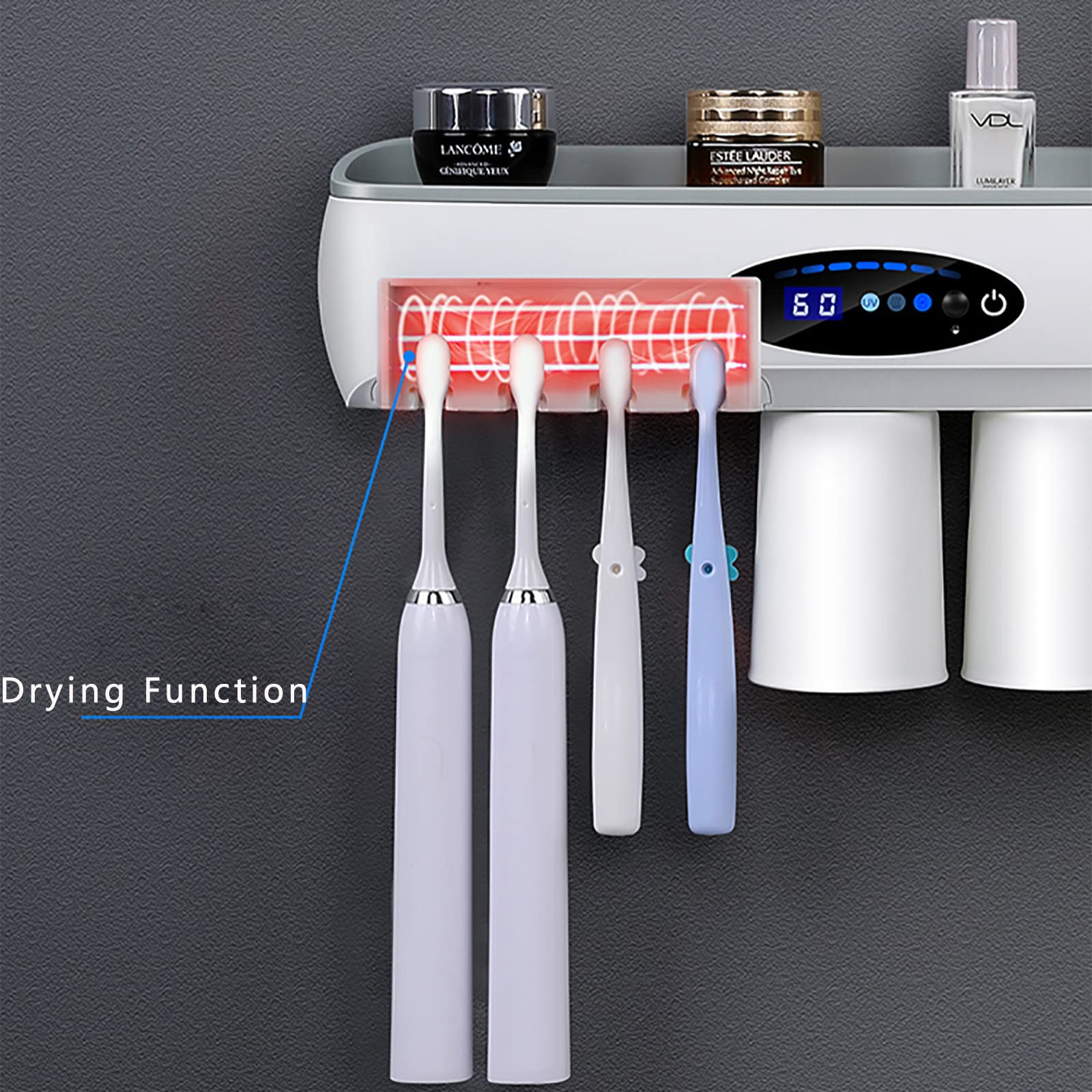 Porta Cepillo de Dientes, Soporte Cepillo de Dientes con Función Esterilizador Secado, LED Estuche Cepillo Dientes con Luz Nocturna, Organizador Baño USB Recargable Blanco