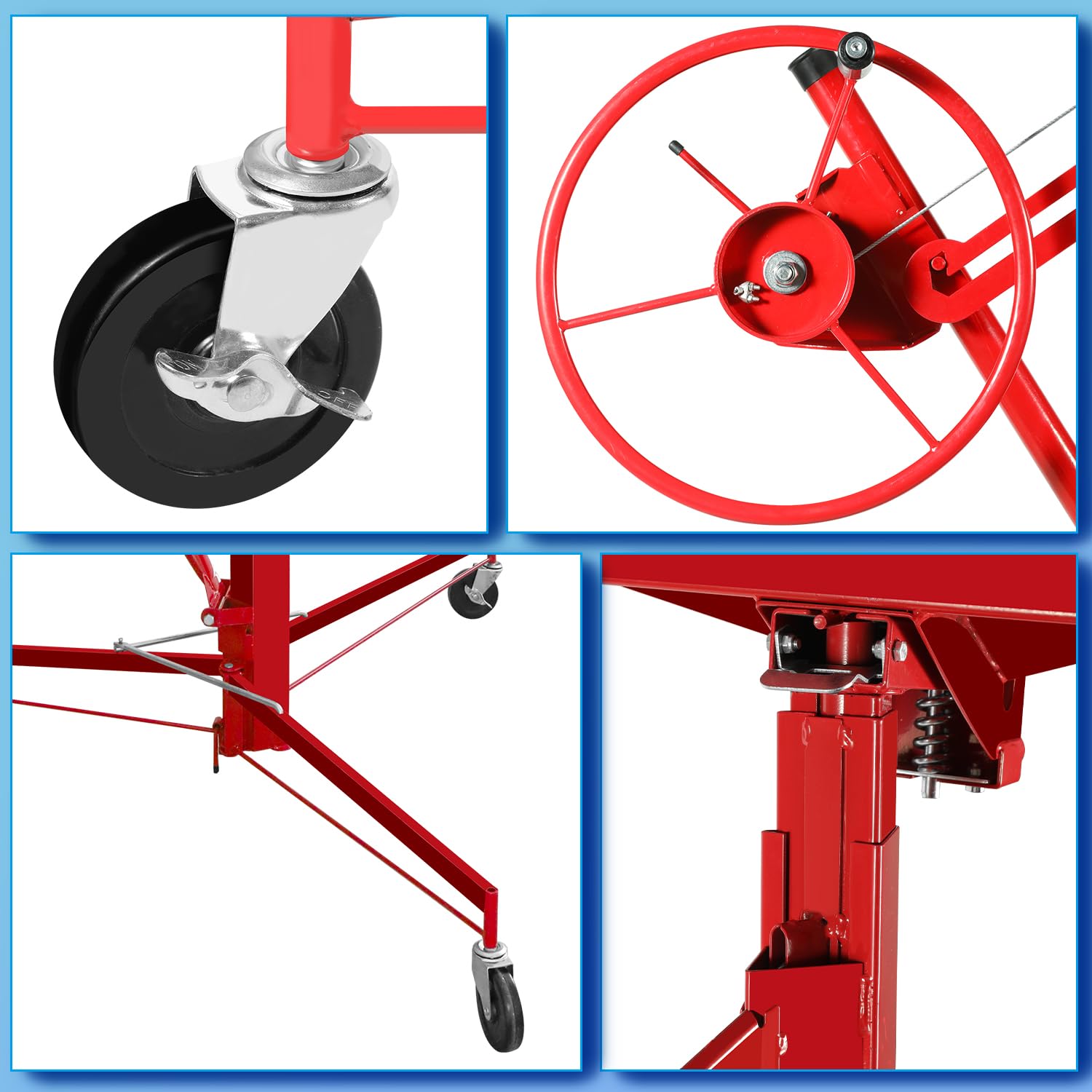XXL Plattenheber Trockenbau, Tragfähigkeit 68 kg, Arbeitshöhe 140-350 cm, max. Breite 290 cm, Klappbarer, verstellbar, schwenkbar, Montagehilfe, rot