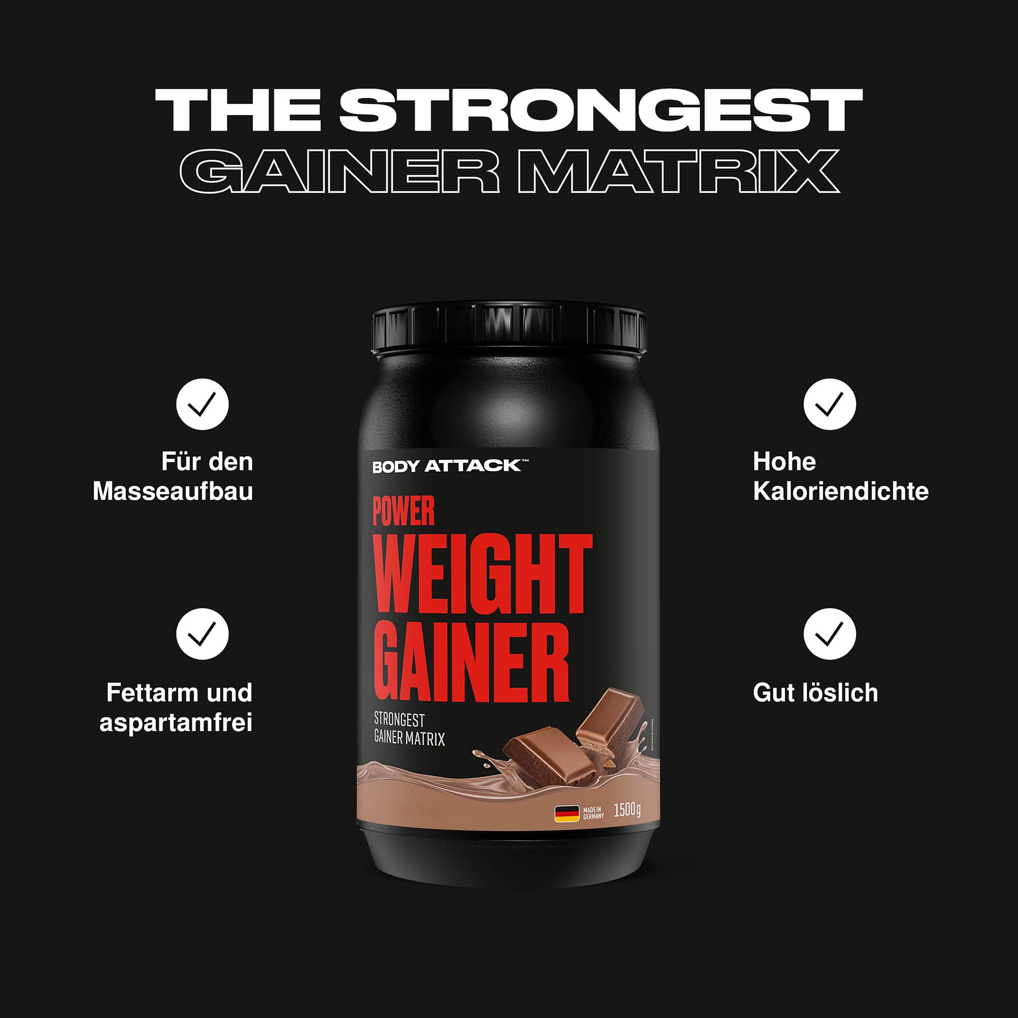 Body Attack Weight Gainer - Banana - 1,5 kg - Dein Mass Gainer für Masseaufbau & Muskelaufbau - Mit Whey Protein, BCAA und Kohlenhydraten - Dein fettarmer Masse Shake für hochwertige Kalorien