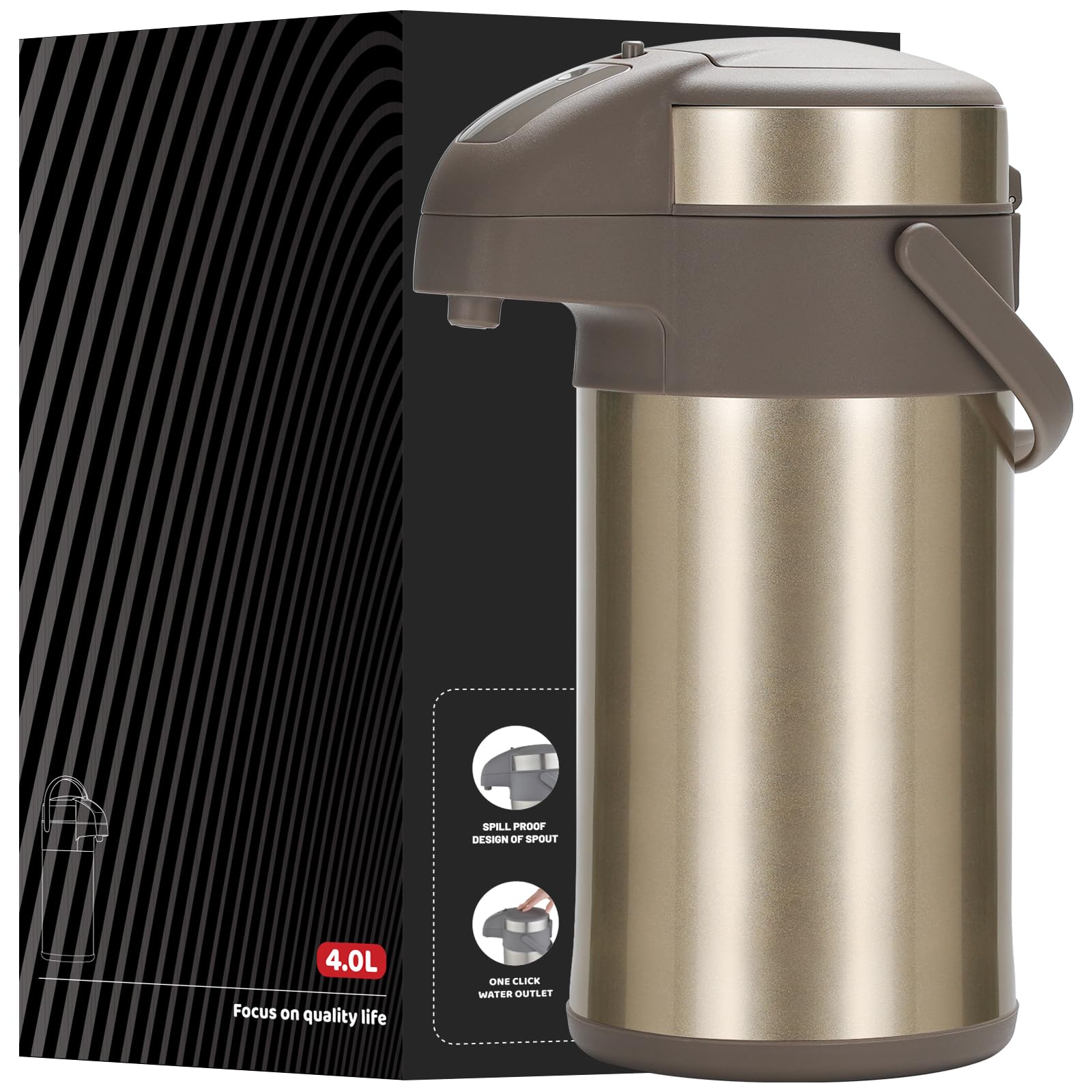 Thermos da 3,0 litri, in acciaio inox, a doppia parete, con meccanismo di pompa, caraffa per caffè, caraffa per 16 tazze (oro)
