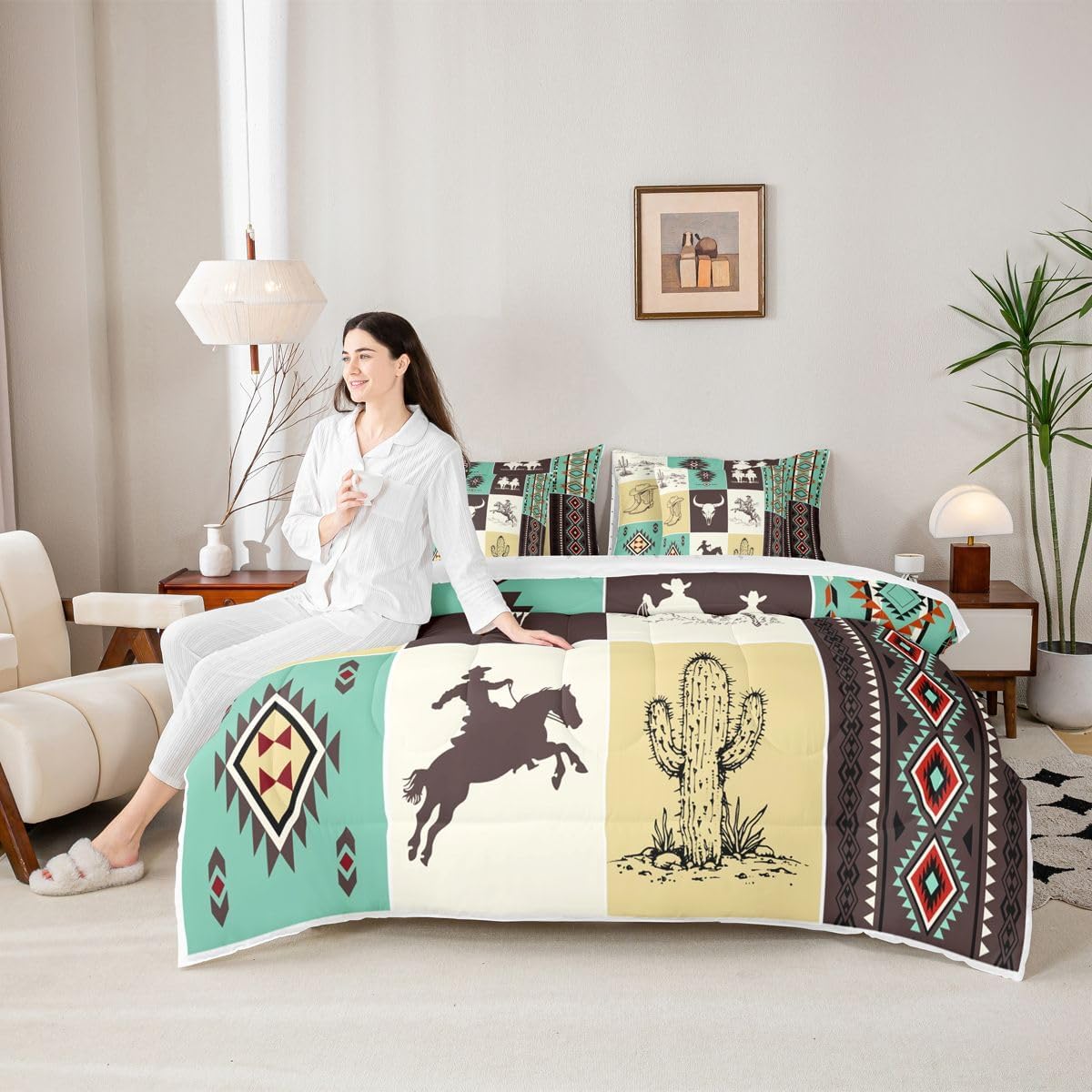 Feelyou Western Comforter Set Queen Size 7 Pieces Southwestern Aztec Bedding Set Rustic Cowboy Horse Bed in a Bag with Comforter, Sheets, Pillowcases, Cushion Covers Vintage Country Decor Bull Skull