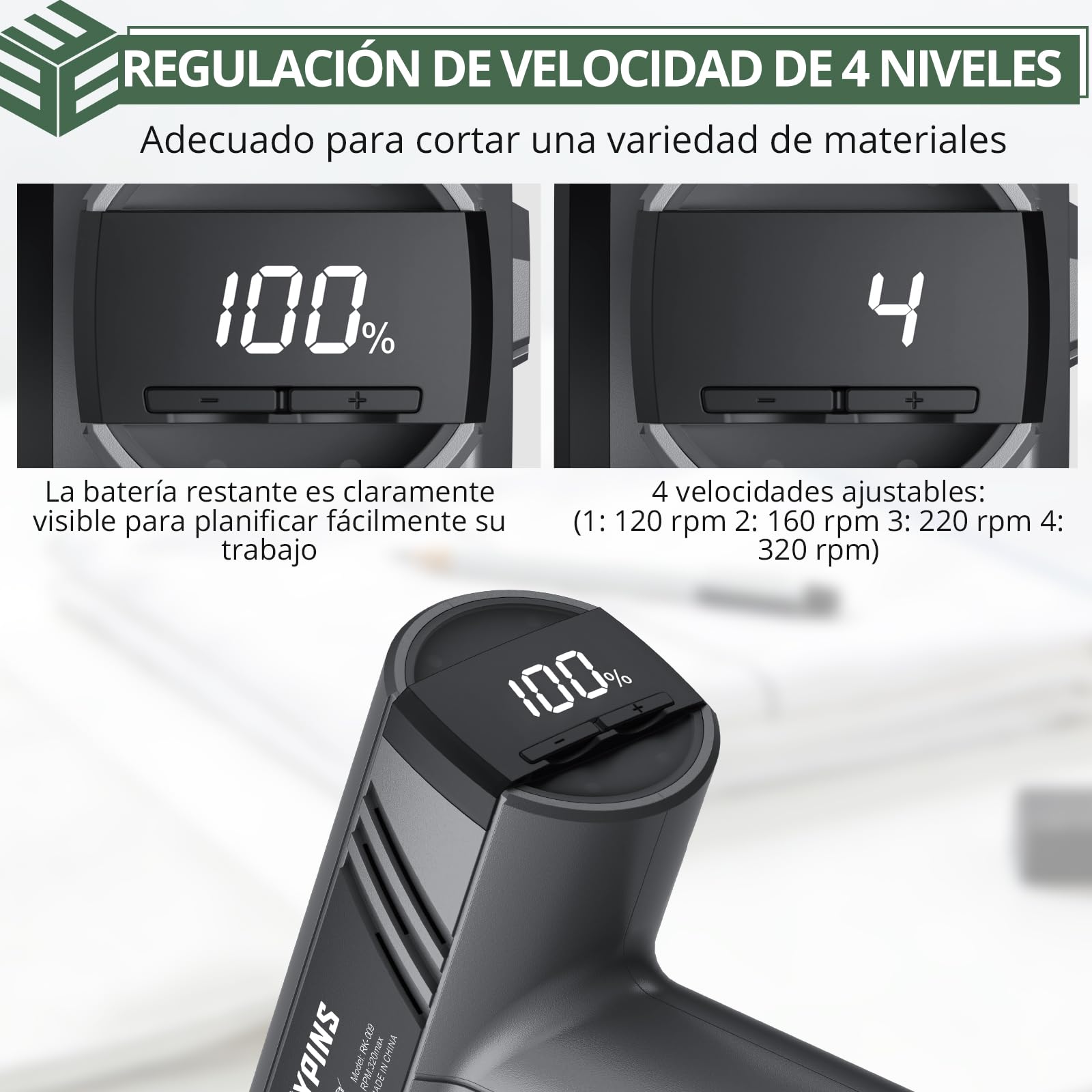 EYPINS Tijeras Eléctricas Inalámbricas con 4 Velocidades (120-320 rpm), Cortador Electrica con Pantalla LCD+Luz LED, Hoja SK5, Carga USB-C, Bolsa de Almacenamiento,para Tela Cuero Alfombra Cartón