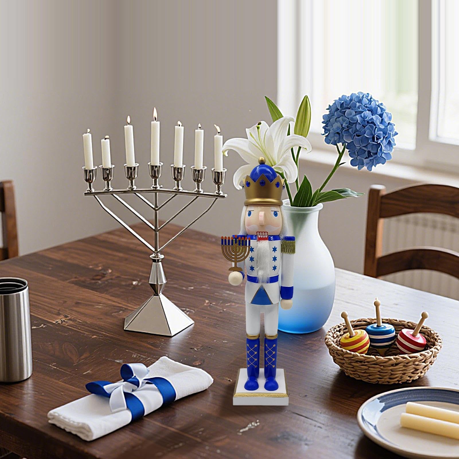 Générique Statuine di in Legno | Figure di Tradizionali Dipinti per Hanukkah, Statua Collezione Bianca e Blu per Tavolo Mensola Finestra
