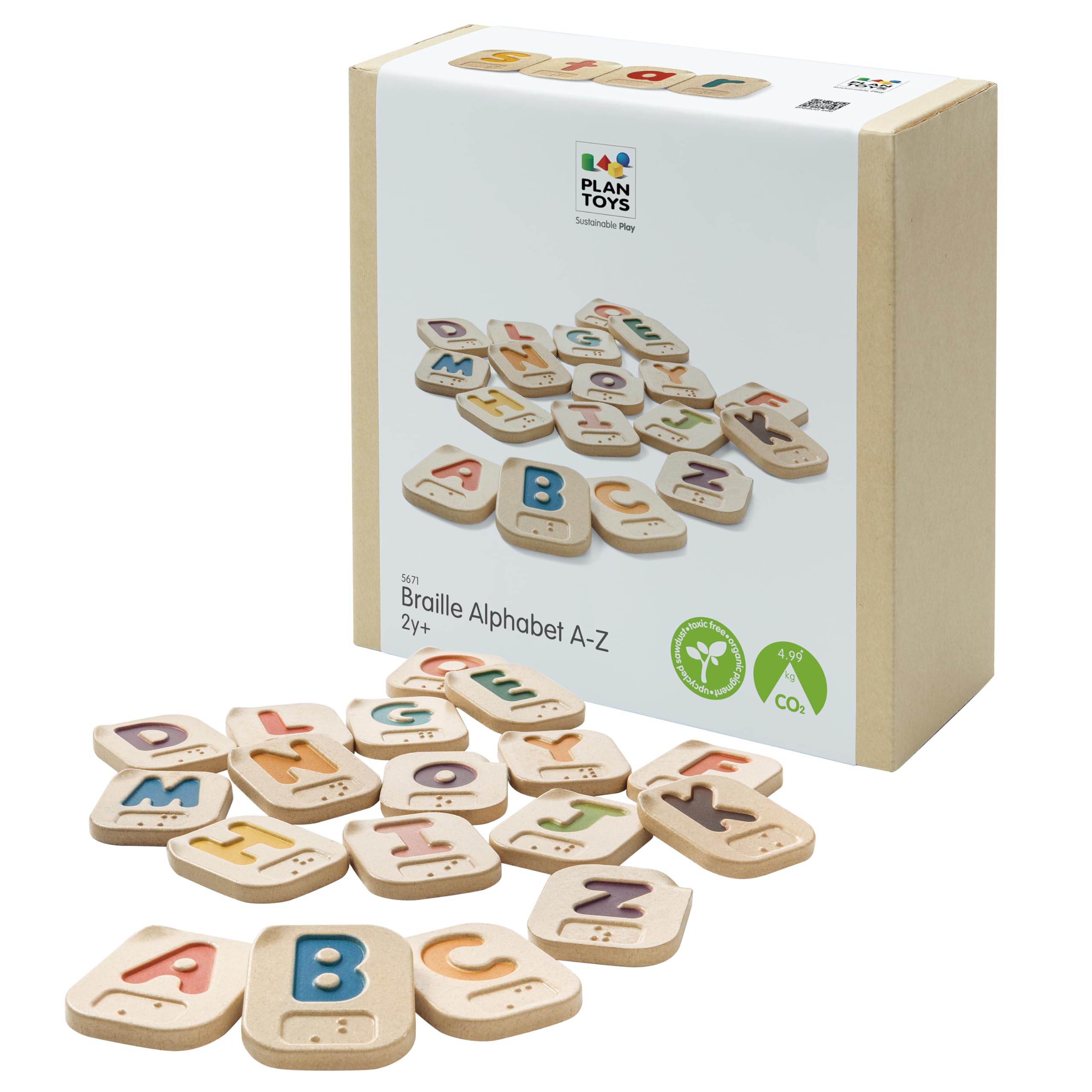 PlanToys Alphabet Braille A-Z - Apprendre le Braille pour Enfants - Jouet Éducatif en Bois - 26 Tuiles en Bois avec Lettres Majuscules et Minuscules