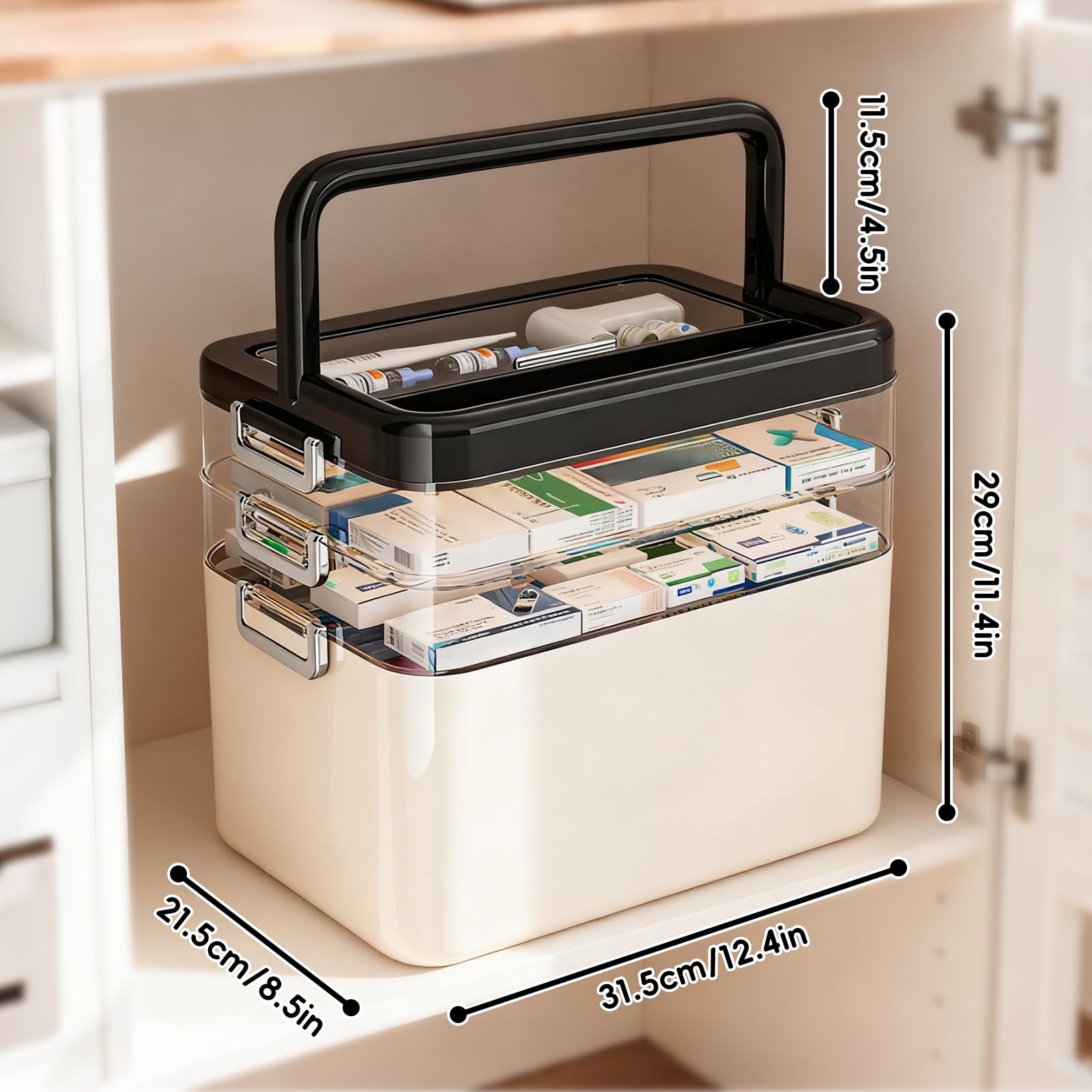 LIROPAU Contenitore per medicinali a 3 ripiani, in plastica, con manico e scomparto rimovibile, organizer multifunzione per medicinali, per casa, ufficio, scuola, 31,5 x 21,5 x 29 cm