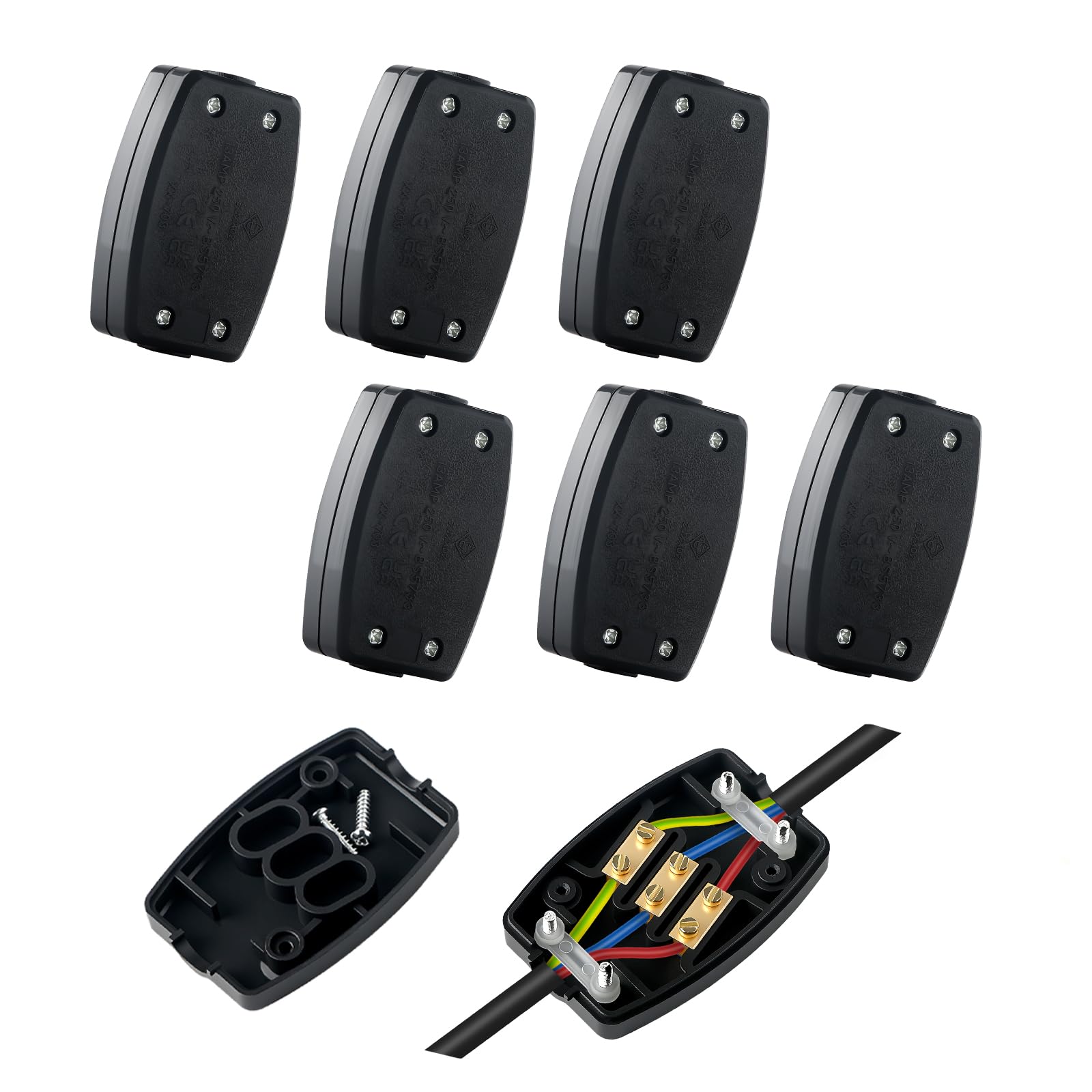6 Pcs 3 Terminal Electrical Junction Box, Power, 13A 250V Electrical Connectors for Indoor Lighting, Flex Connector 3 Core Cable Joiner (Black)
