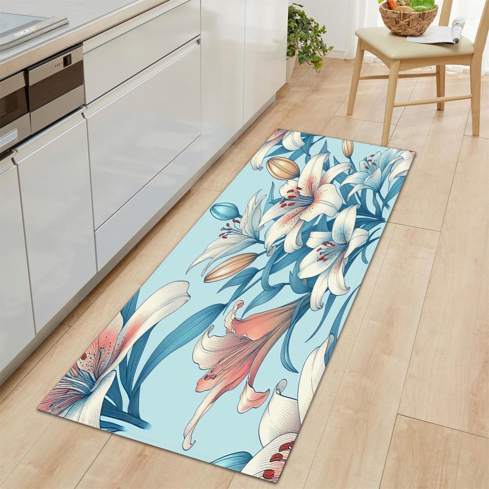 Imprimé 3D bleu floral tapis de cuisine haut de gamme lavable aux finitions de fleur de lys