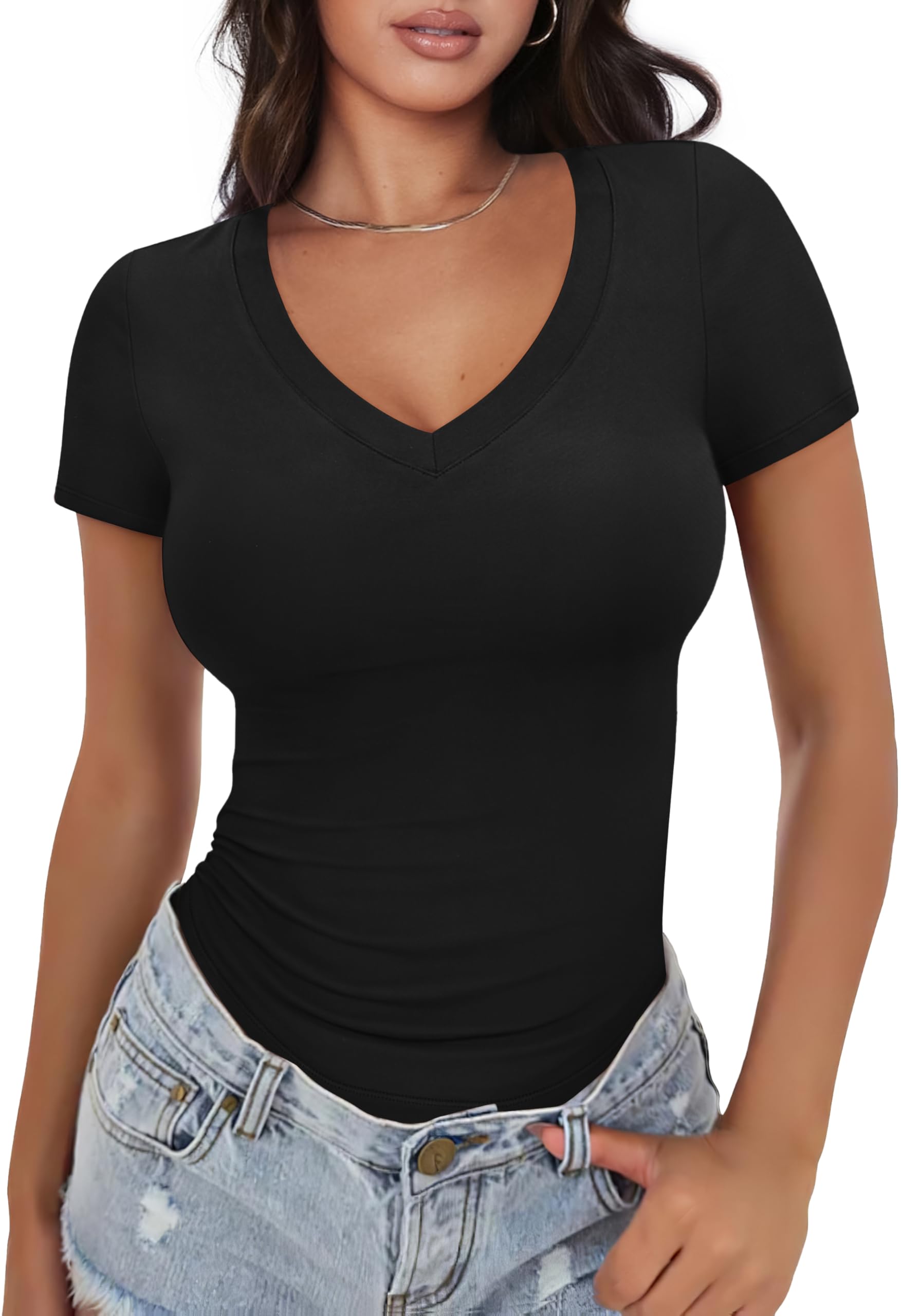 XIEERDUO Womens Summer Tops V Neck T Shirts for Women Beach Vacation Clothes Short Sleeve Shirts for Women Basic Tee