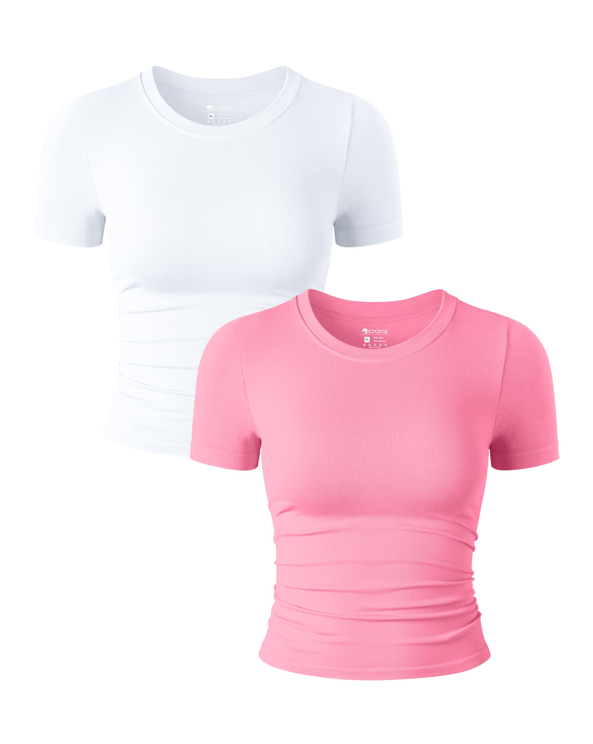 OQQ Womens 2 Piece Shirts Short Sleeve Crew Neck Ruched Stretch Fitted Tee Shirts Crop Tops