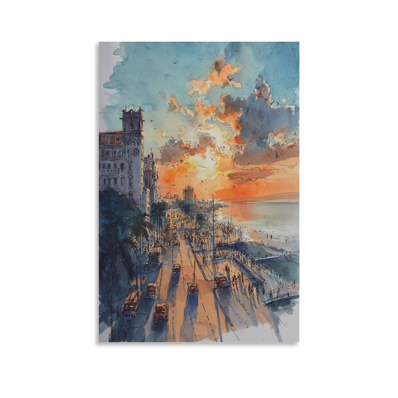 Cnaheiz Unframe-Style San Diego Watercolor Painting California Surf Art Print 20X30inch(50X75cm) Vintage Watercolor Canvas Art