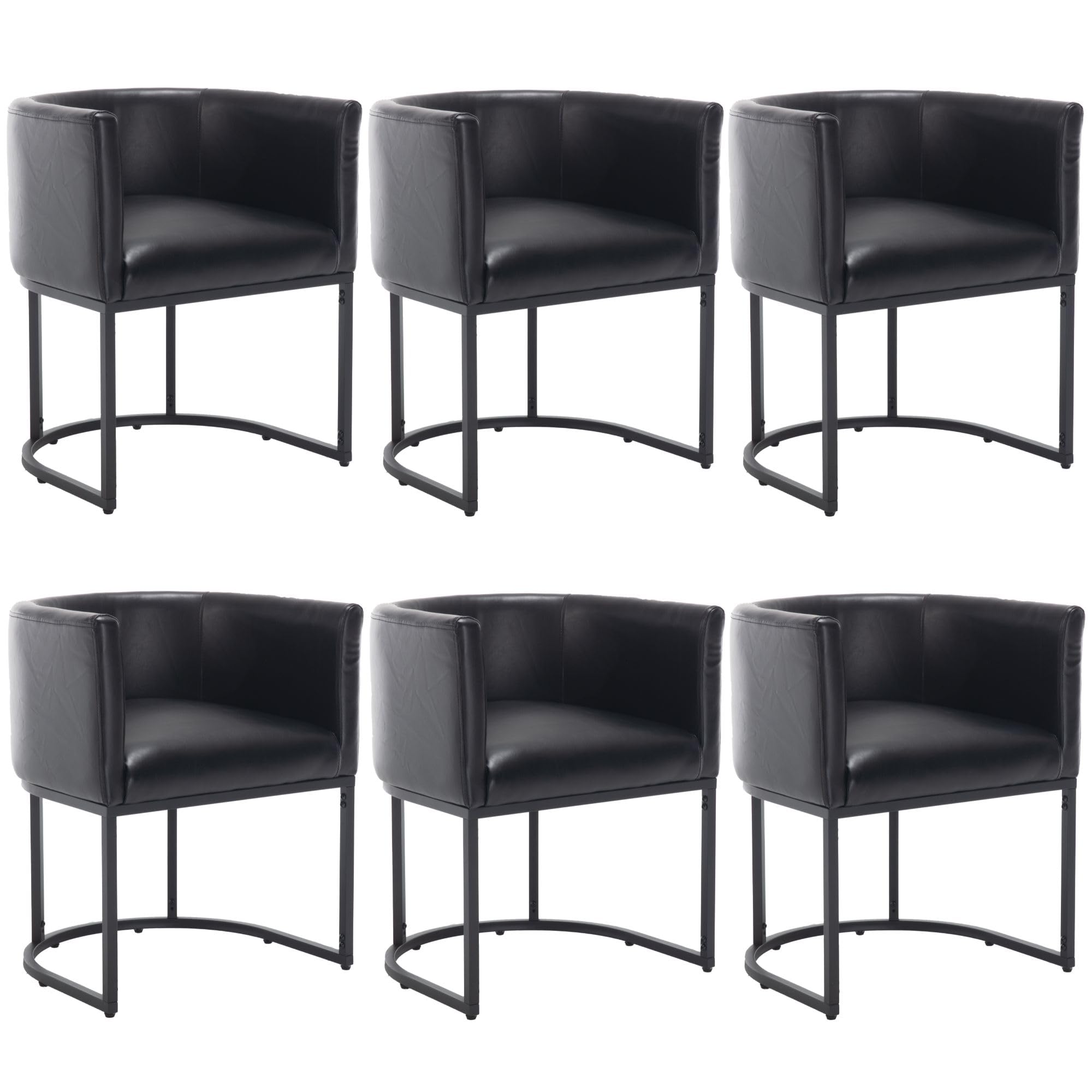 BESTANO Faux Leather Dining Chairs Set of 6 Modern Barrel Arm Chairs with Black Metal Frame, Upholstered Kitchen Chairs 18.5" Wide Accent Chairs for