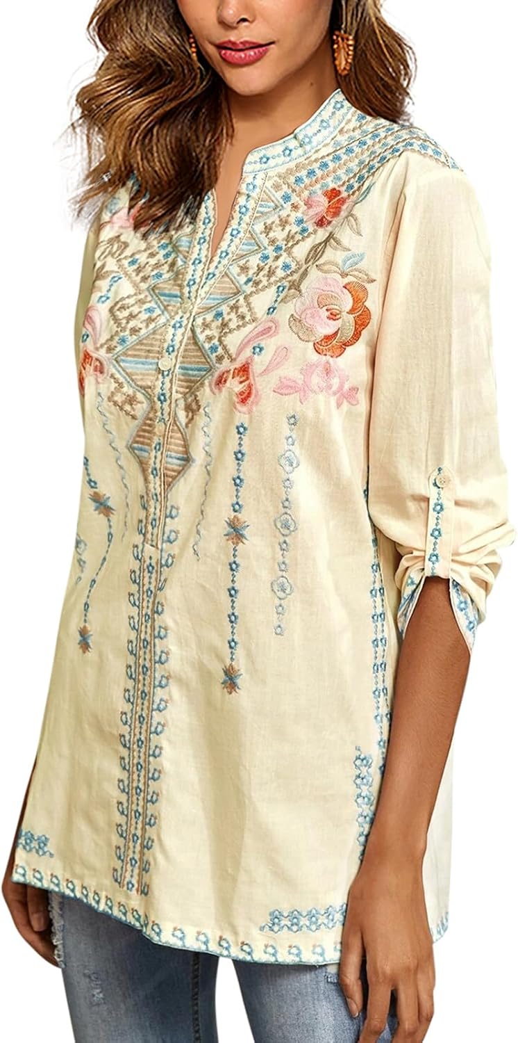 Higustar Mexican Embroidered Tops for Women Long Sleeve Shirts Bohemian Flower Peasant Tunics Clothing Boho Blouse - Image 5