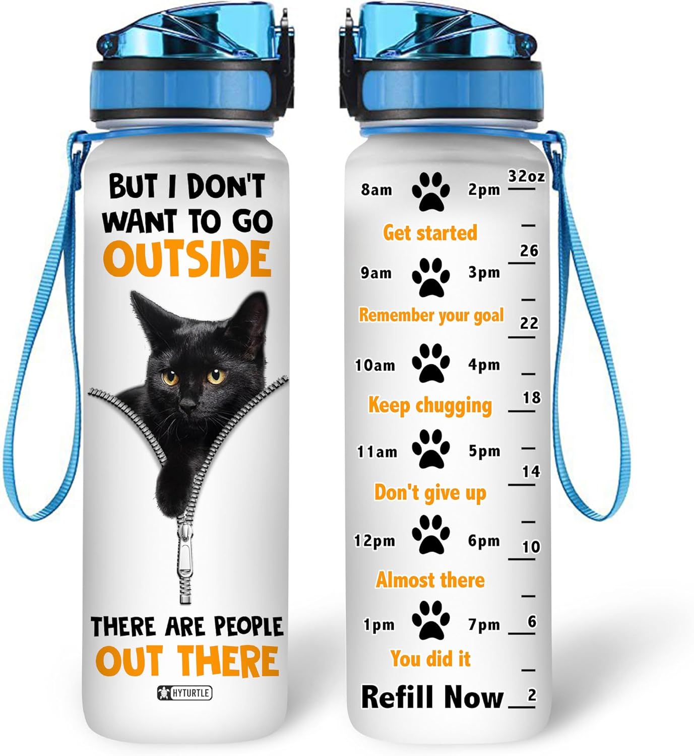 Hyturtle Personalized Cat Water Bottle – 32oz Motivational Water Bottle with Leak-Proof Lid & Time Marker – Custom Name Gift for Black Cat Lovers, Women, Girls – Birthday & Christmas Gift