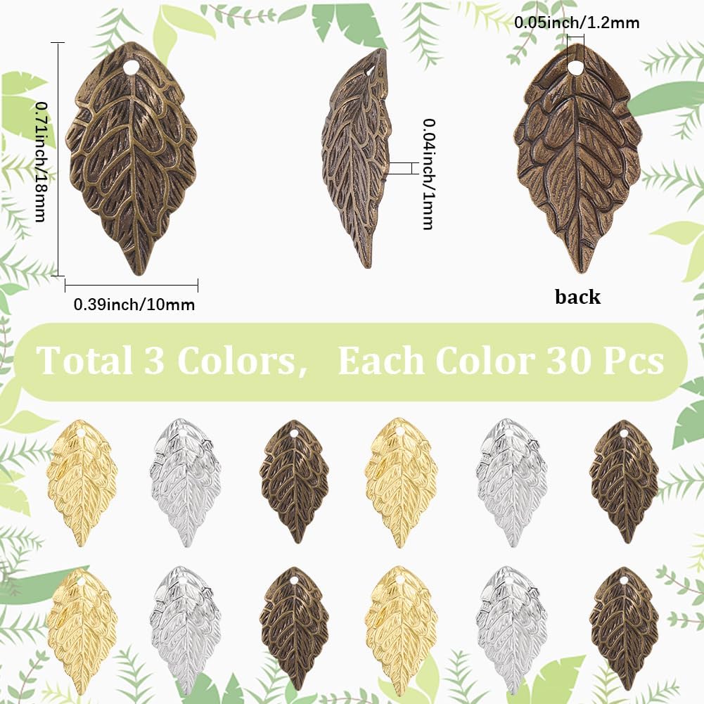 SUNNYCLUE 1 Box 90Pcs 3 Colors Brass Leaf Charms Leaves Charm Bulk Tiny Metal Gold Silver Bronze Oak Tree Plant Pendants for Jewelry Making Findings Crafting DIY Bracelets Necklace Earrings Women - Image 2