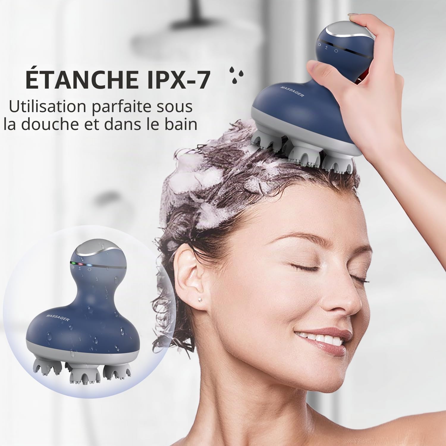 cotsoco Masseur électrique pour cuir chevelu - Étanche - 4 têtes - 84 nœuds - Pour la croissance des cheveux et le relâchement du stress - Bleu