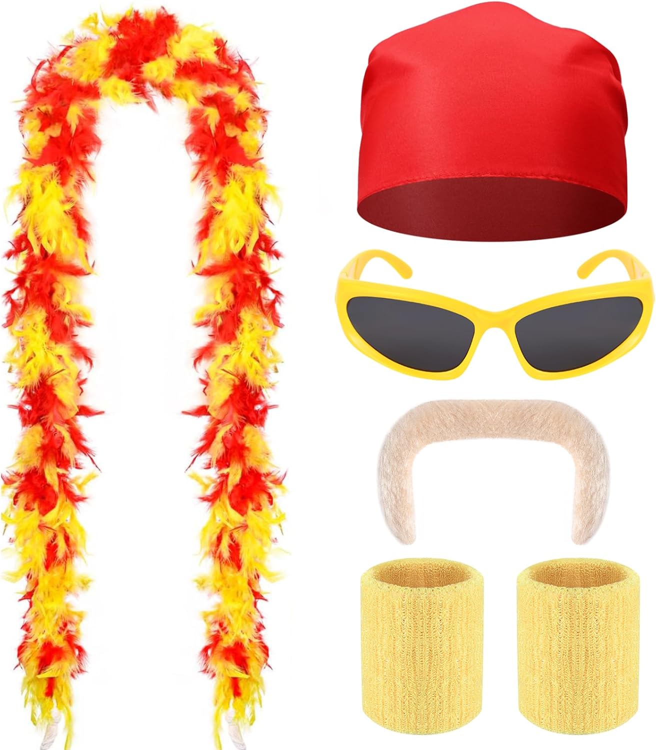 5 Pcs Halloween Wrestler Costume Accessories Include Feather Boa,Bandana,Moustache,Bracers and Sunglasses for Men Women Halloween Party Dress Up