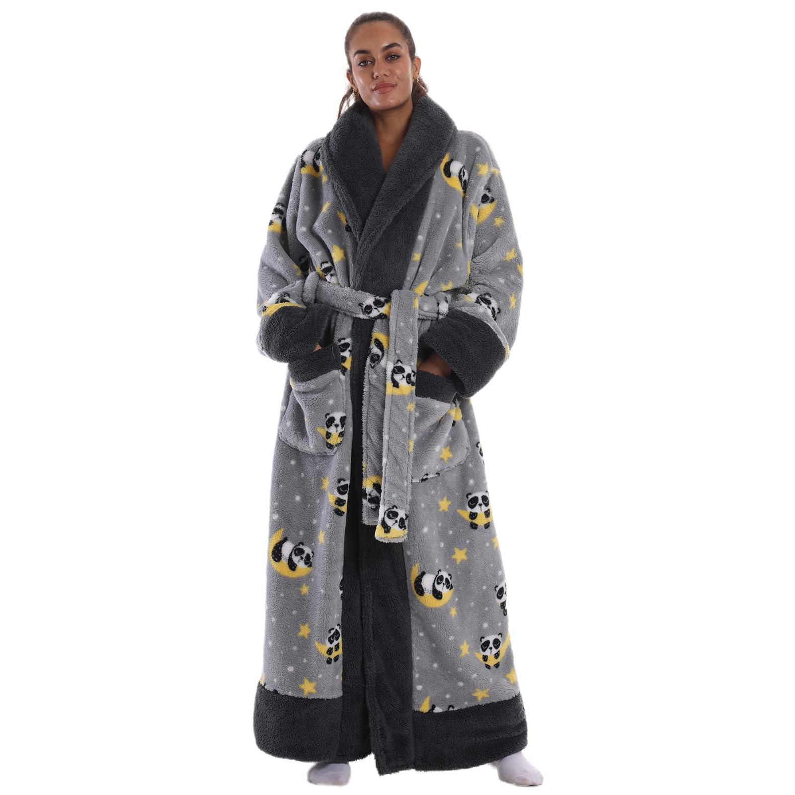 Peignoir de Bain Long en Flanelle Épaisse et Douce 140 cm sans Capuche - Robe de Chambre Chaud avec Poche et Ceinture - Taille Unique pour Femme, Homme - Cadeau Maison Spa