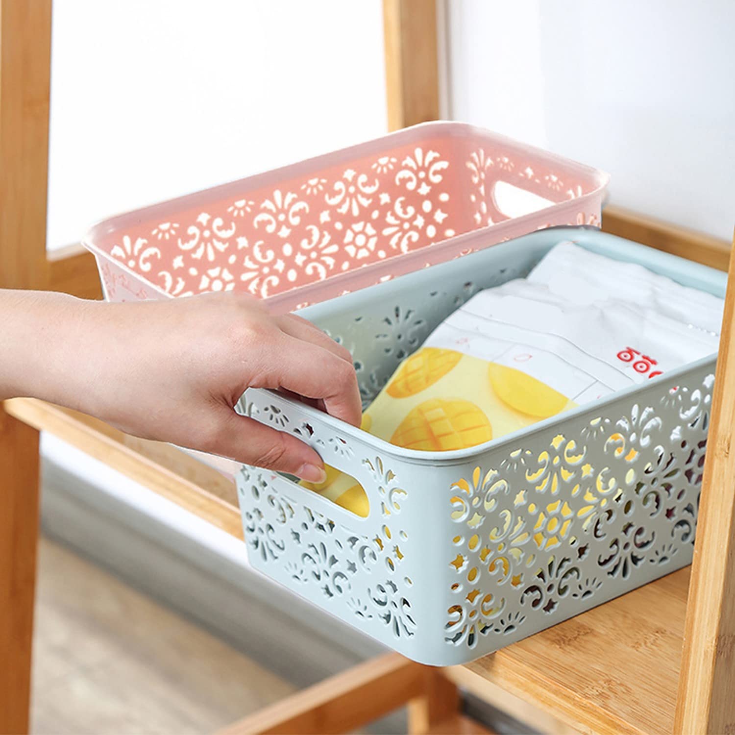 wolpin Plastic 2 Pieces Home Rectangular Storage Basket Colorful For Kitchen And Home Organiser Box Multipurpose For Fruits Vegetables, Toys, Stationary Items (21 X 14.5 X 10 Cm)