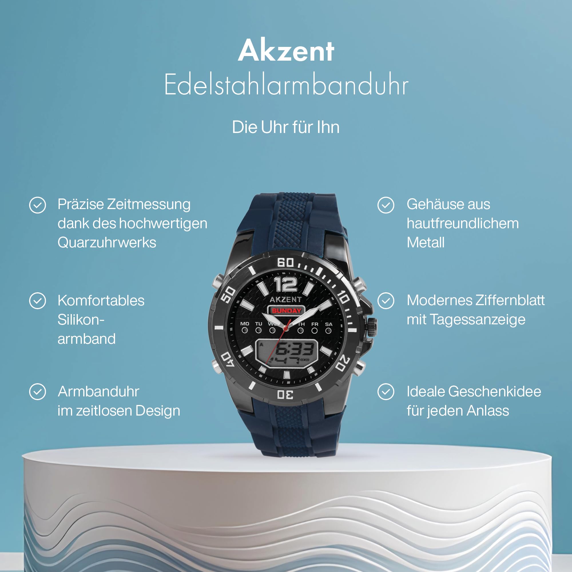 Akzent Orologio da uomo in silicone, lancette luminose, analogico, digitale, 2420025, Blu