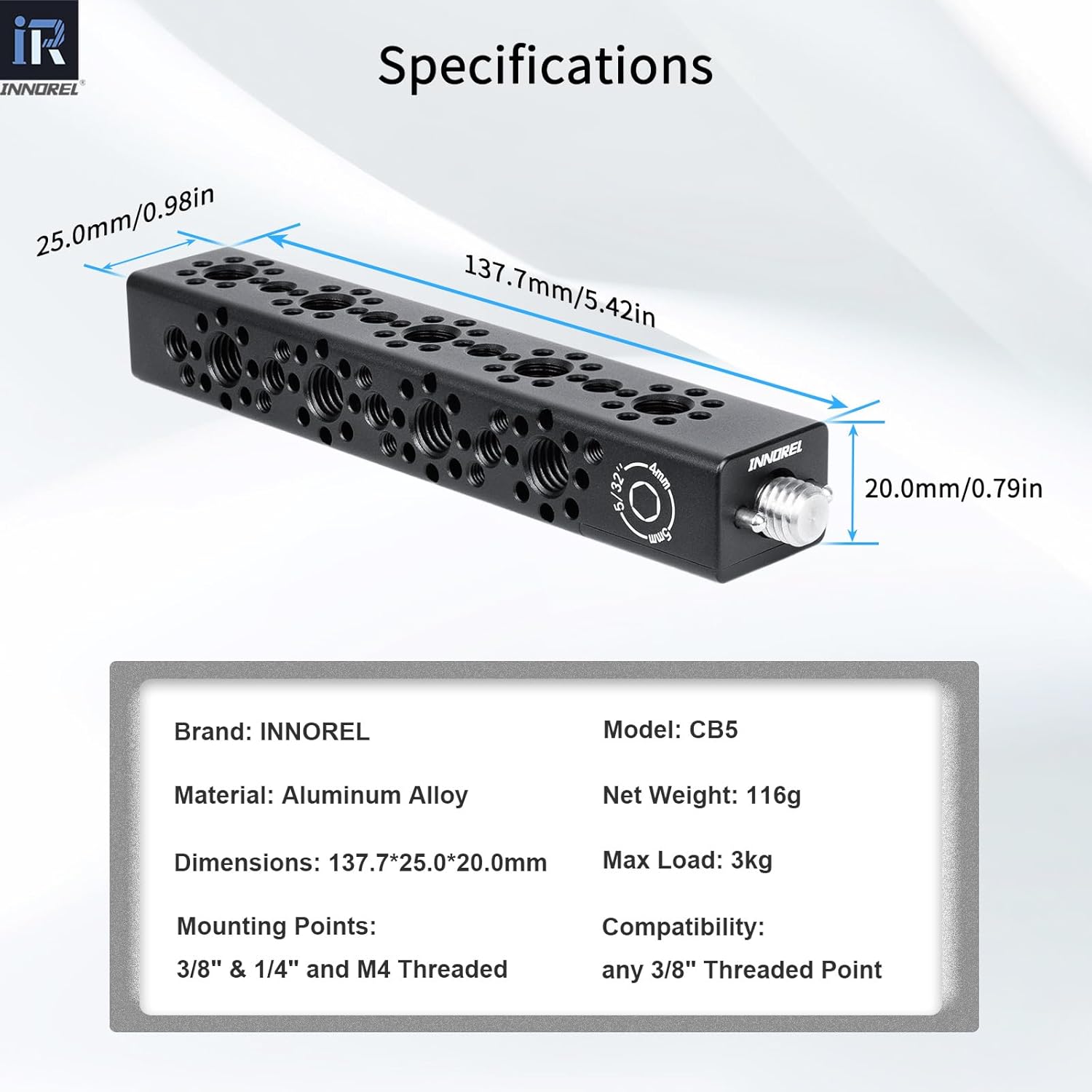 INNOREL CB5 CNC Aluminum Alloy Multi-Function Cheese Handle, Cheese Grip Extension Bar, ARRI Positioning Top Handle Featuring 3/8" and 1/4" Arri Locating Holes for Camera Cage Frames, Cheese Plates
