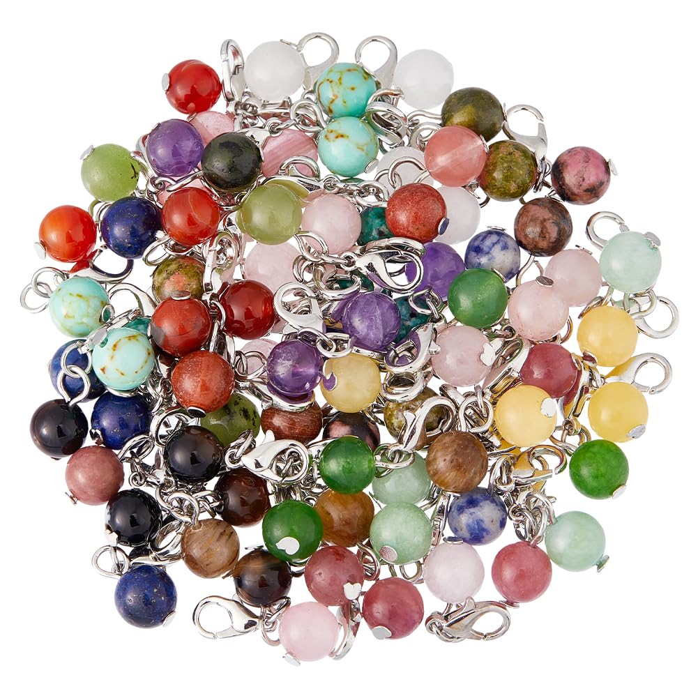 80Pcs 20 Colors Clip on Charms Zipper Pulls Natural Gemstone Pendants with Lobster Clasps Round Ball Dangle Bead Charms for Jewelry Making Necklace Earring 28mm